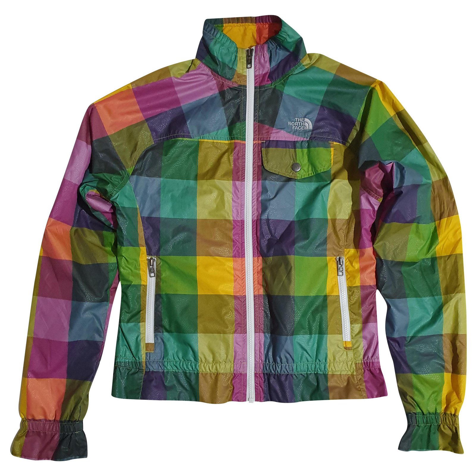 multi colored north face jacket