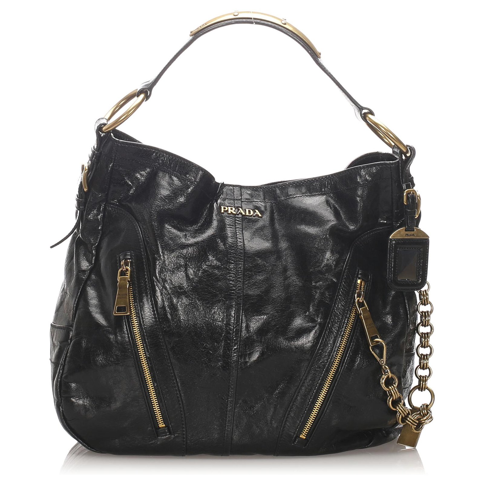 Prada Black Vitello Shine Hobo Bag Golden Leather Patent leather
