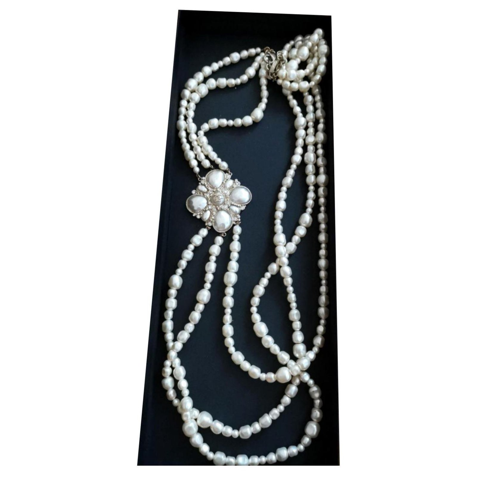 Long chanel earrings Silver hardware Pearl ref.314458 - Joli Closet