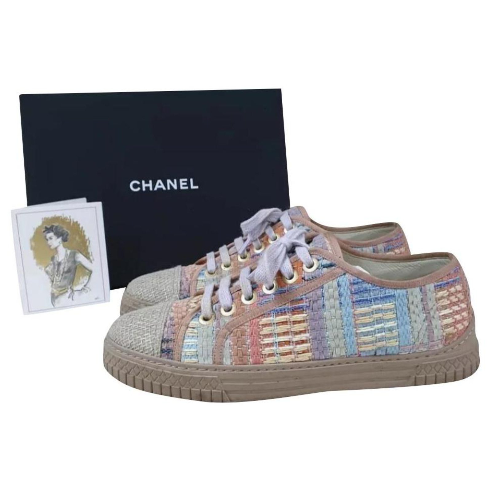 CHANEL Logo CC Tweed Lace Up Sneakers Sz.38 Multiple colors ref