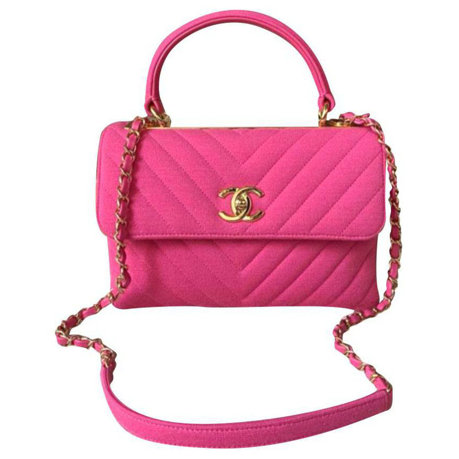 Small Trendy CC Flap Bag with Top Handle in Chevron Barbie Pink Jersey