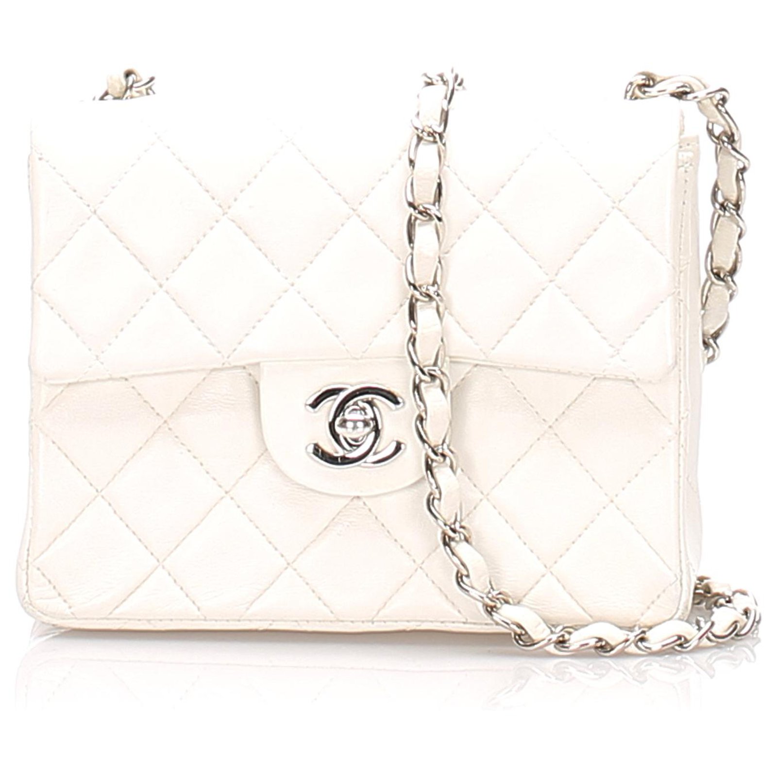 Chanel White Classic Mini Square Lambskin Leather Single Flap Bag  ref.201210 - Joli Closet