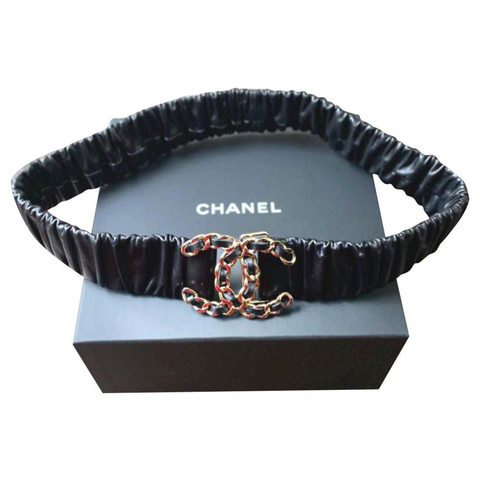 Chanel CC black leather ruched belt sz 70