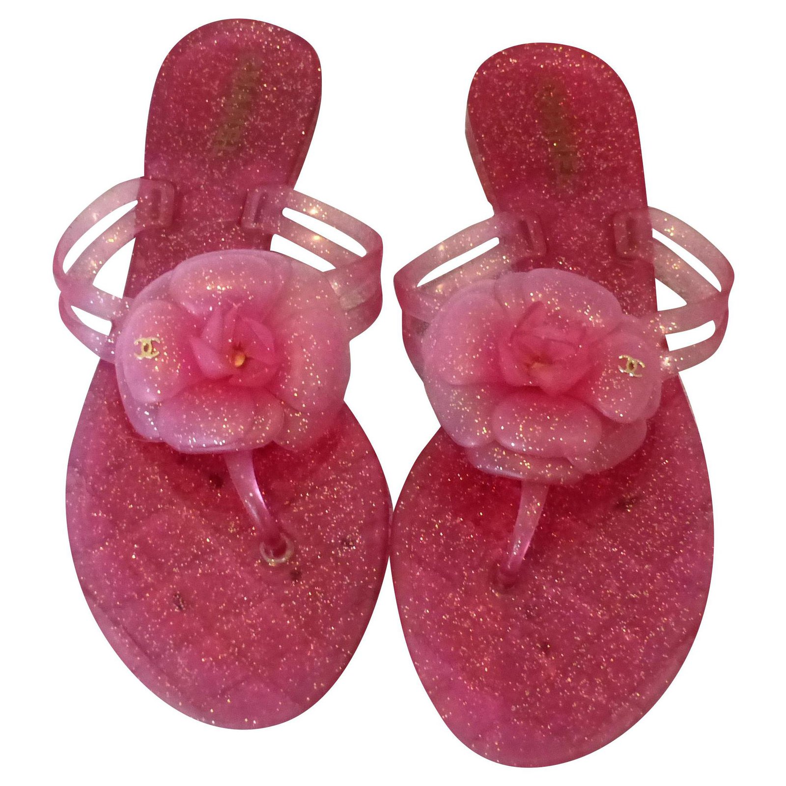 Chanel Glitter Camellia Sandals Pink Resin ref.201569 - Joli Closet
