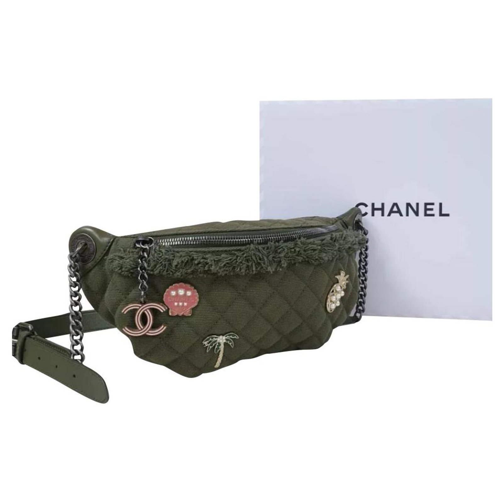 CHANEL  SILVER LEATHER QUILTED WAIST BAG, JACKET, TANK TOP AND