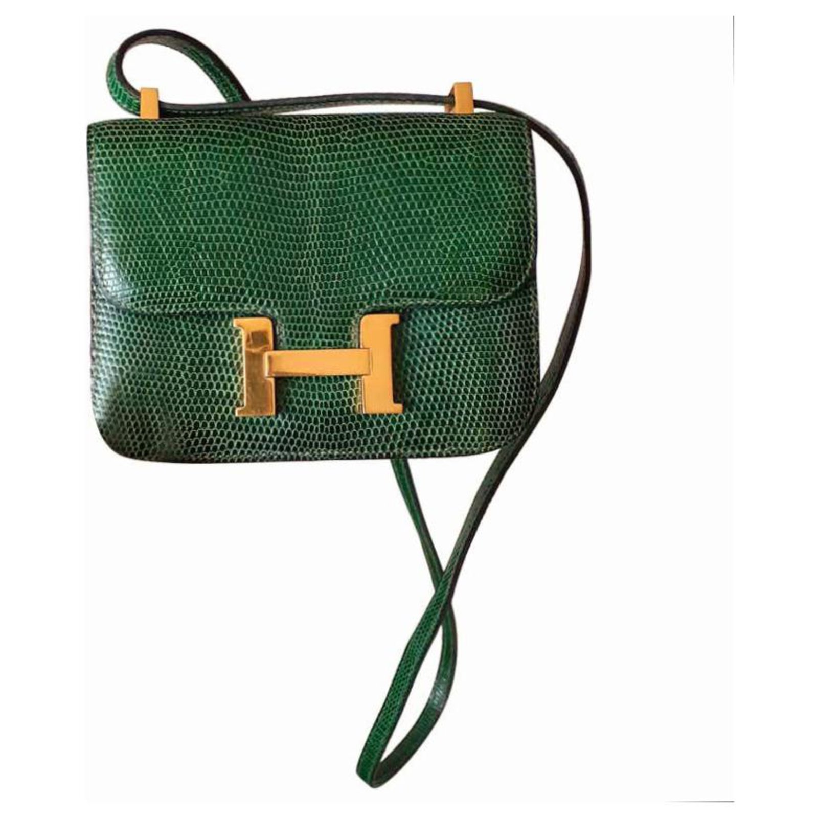 Hermès micro Constance handbag in green lizard and gold jewelry 13.5 cm  Dark green Exotic leather ref.202385 - Joli Closet