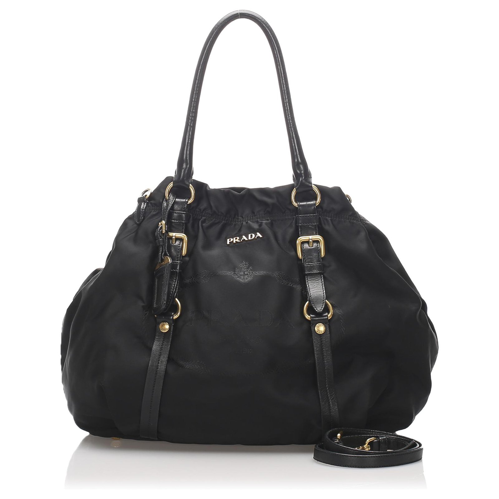 Prada Black Tessuto Nylon Calf Leather Trim Satchel Tote Bag