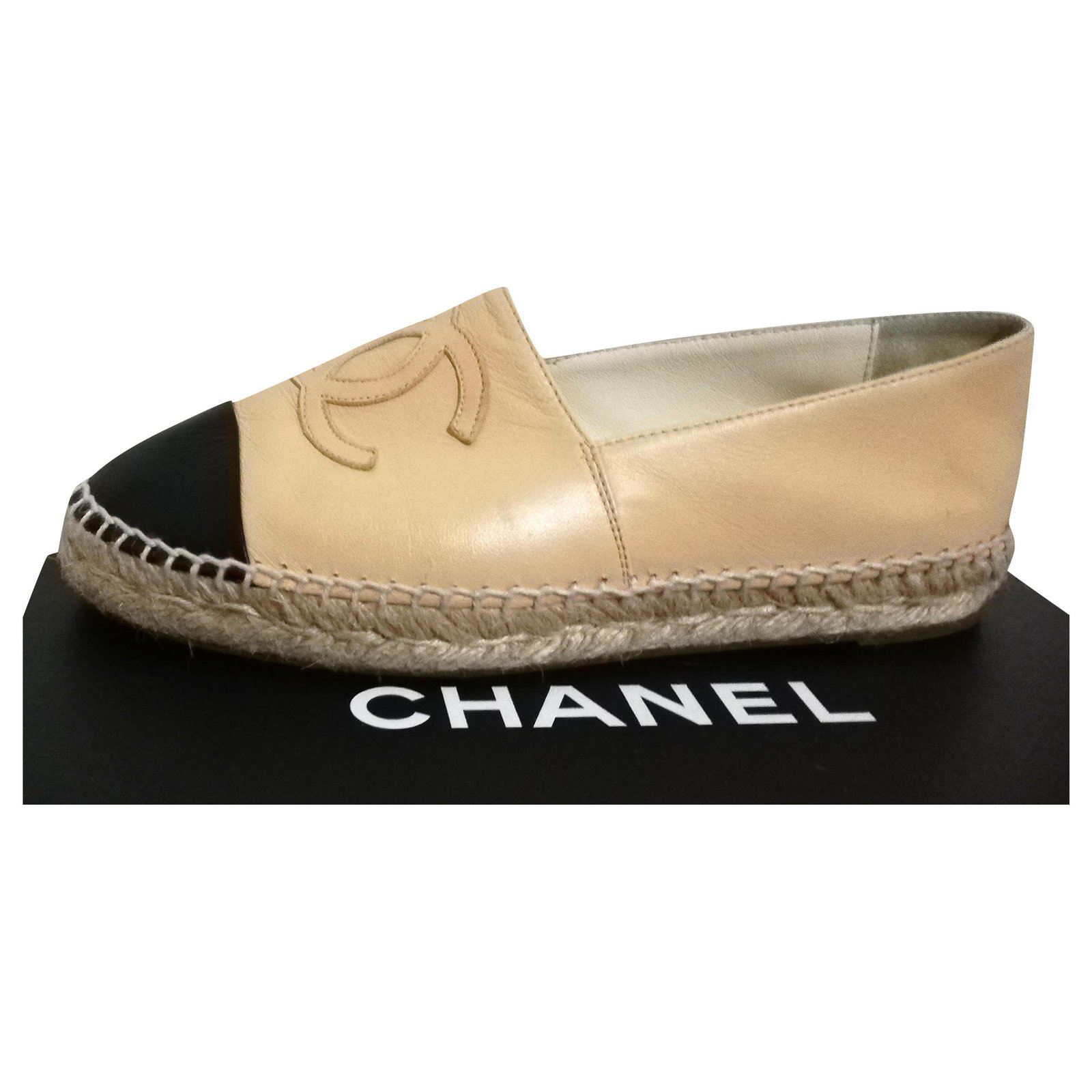 CHANEL, Shoes, Chanel Lambskin Espadrilles Beige And Black