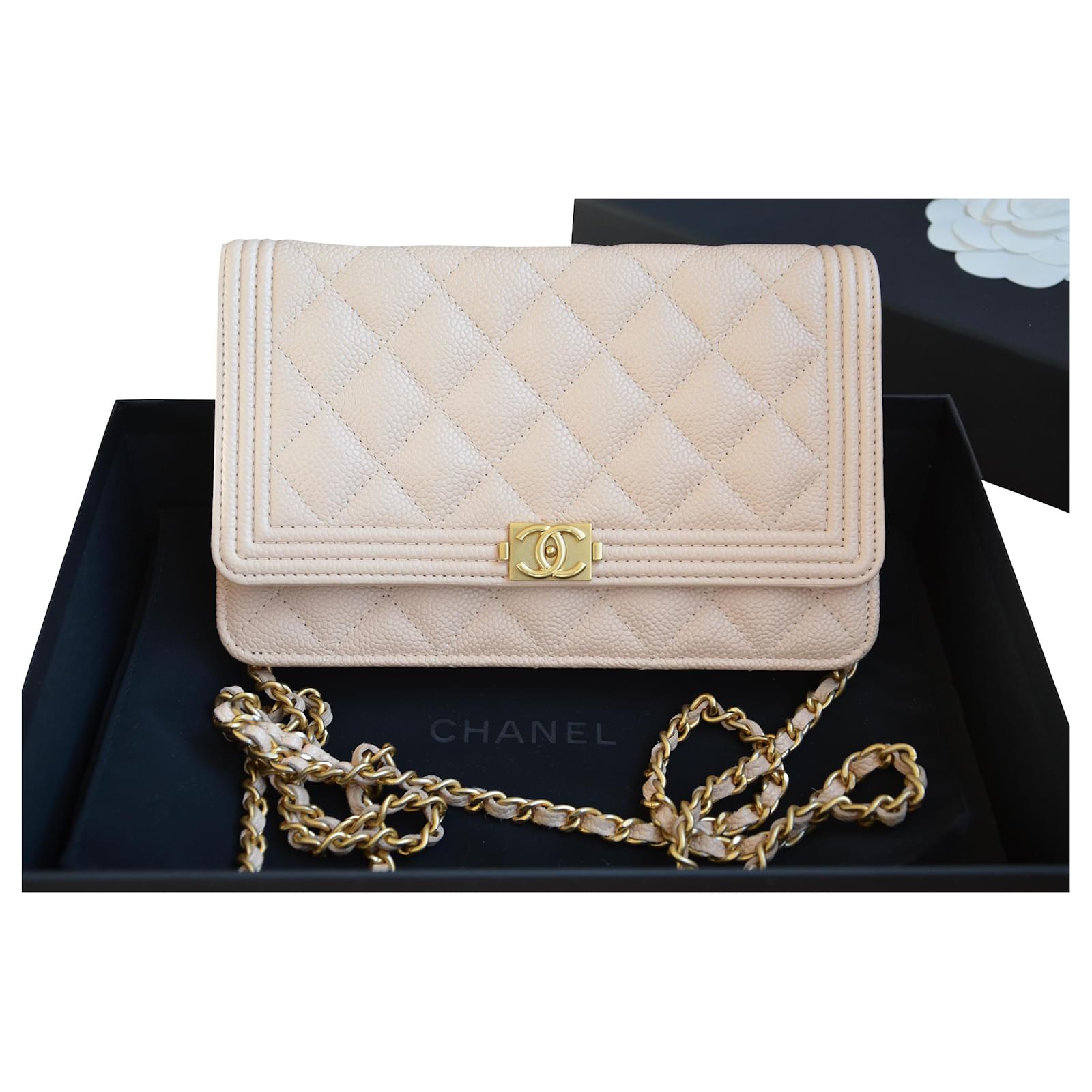 Borsa Chanel WOC Wallet on Chain Boy in pelle caviale beige Argento D'oro  ref.202963 - Joli Closet