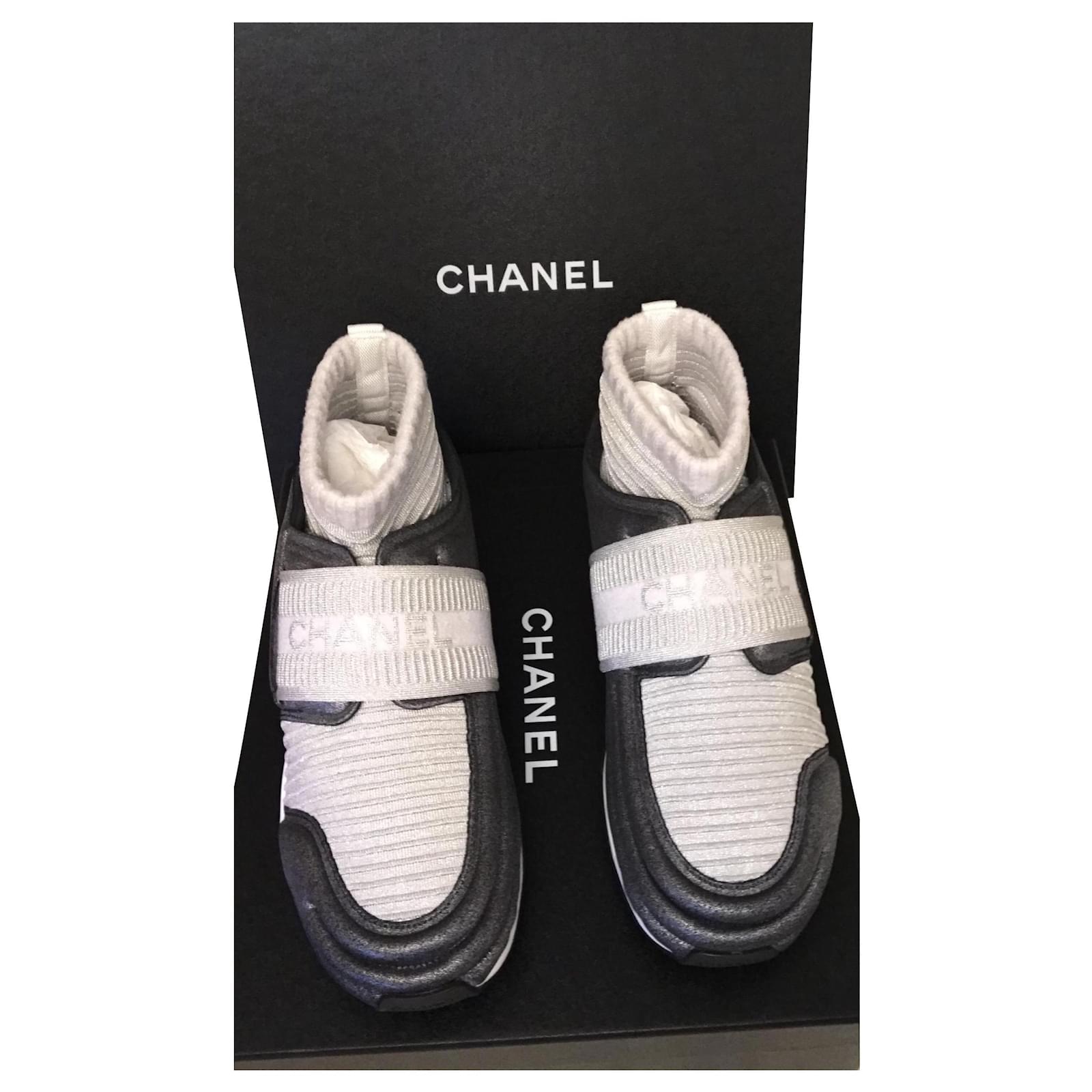Chanel sock sneakers Silvery Grey Dark grey Cloth Lycra ref.202991 ...