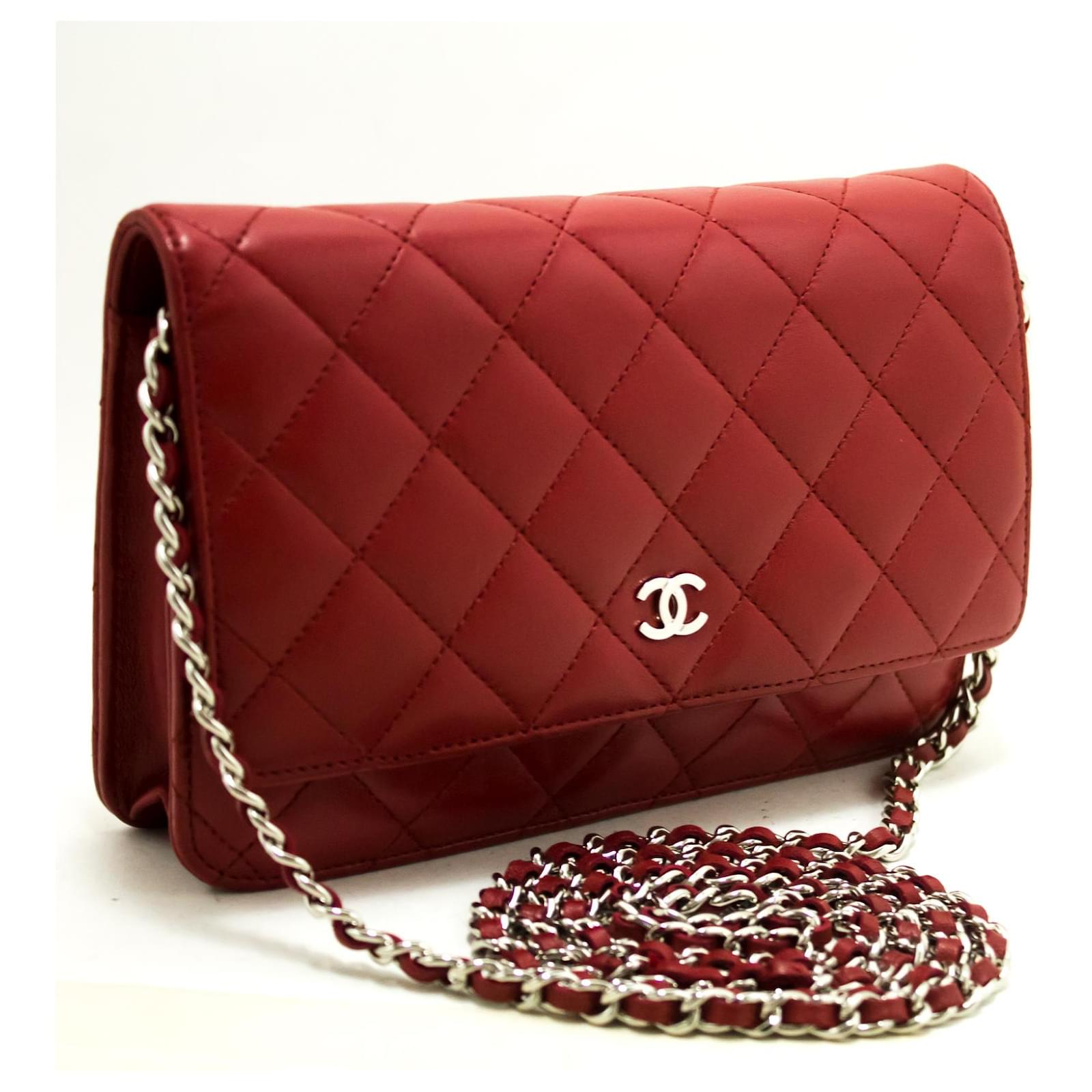 CHANEL Red Wallet On Chain WOC Shoulder Bag Crossbody Clutch Lamb