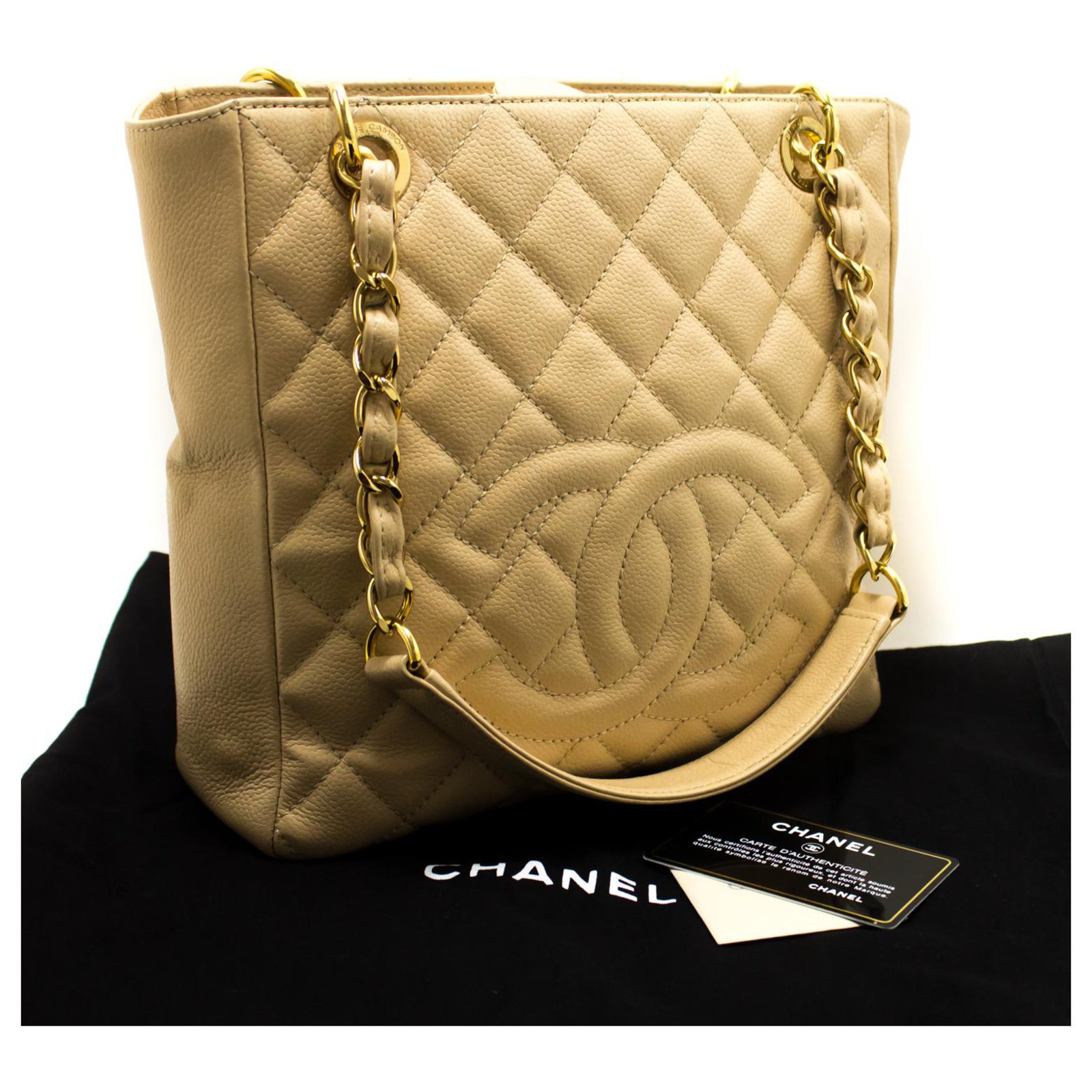 CHANEL Caviar PST Chain Shoulder Bag Ivory Shopping Tote Quilted