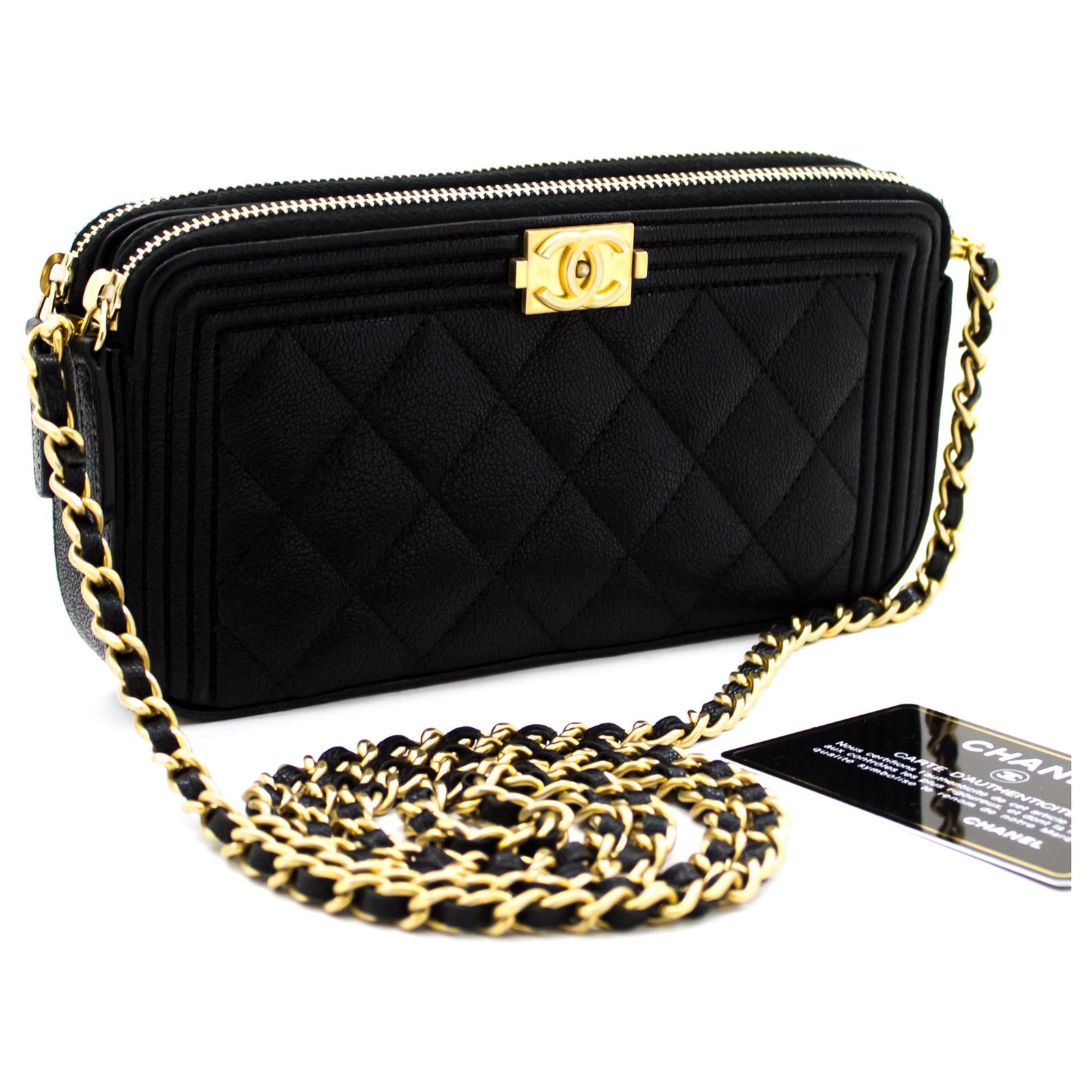 CHANEL Boy Black Caviar Wallet On Chain WOC W Zip Shoulder Bag Leather  ref.204102 - Joli Closet