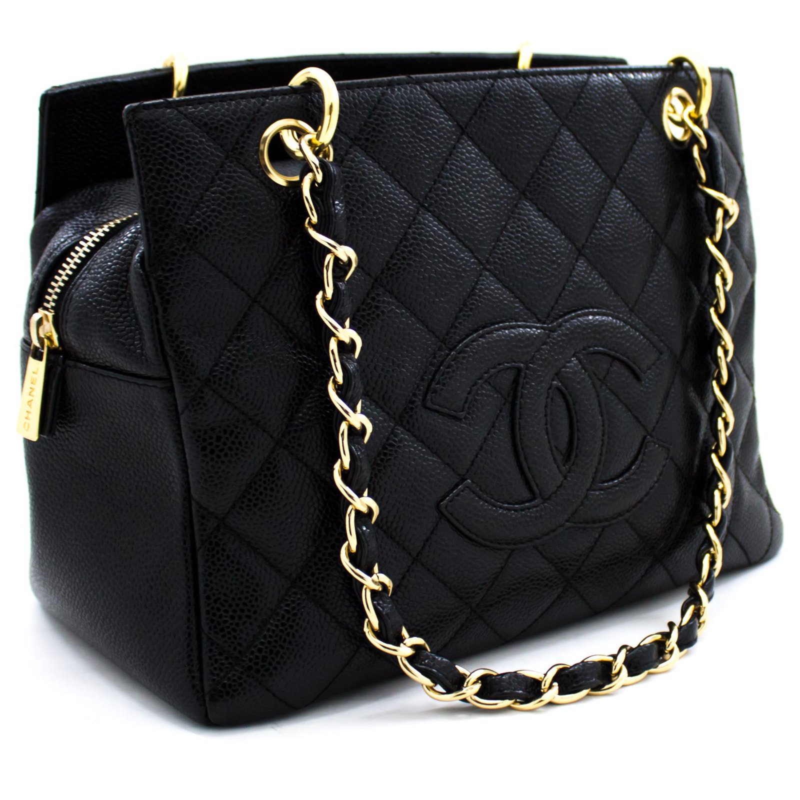 CHANEL Caviar Chain Shoulder Bag Shopping Tote Black Quilted Purse