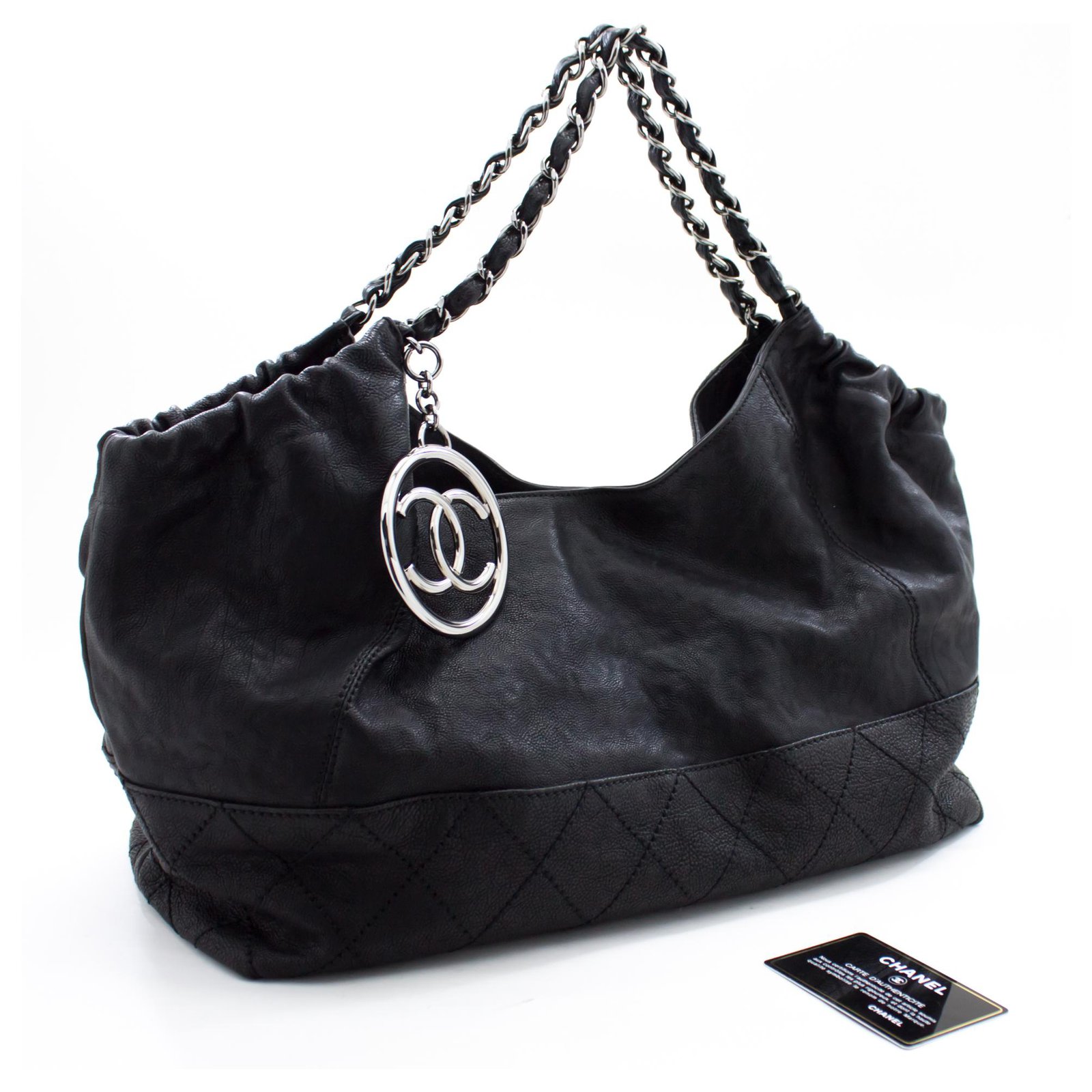 CHANEL Coco Cabas calf leather Chain Shoulder Bag Black Quilted