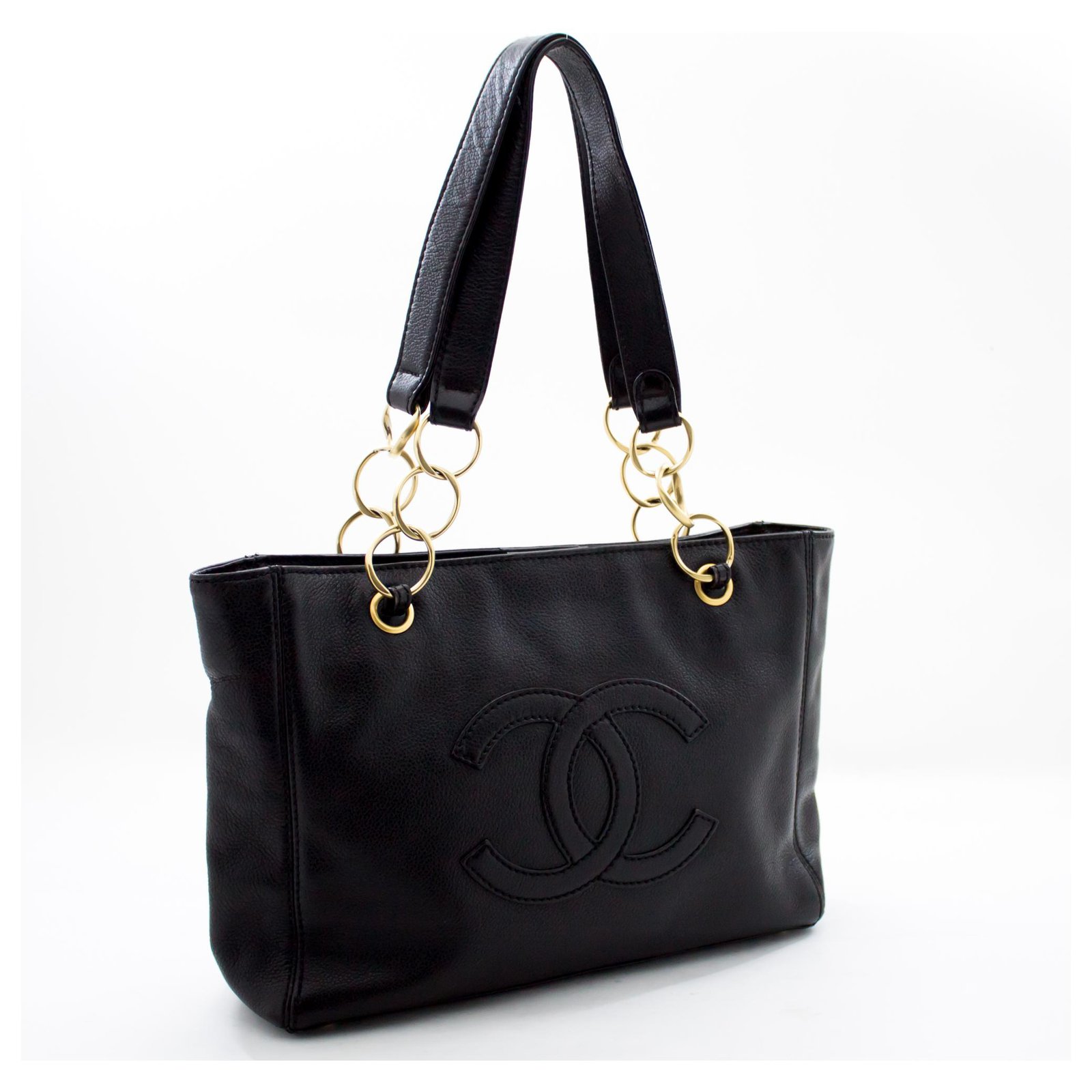 chanel black tote with gold chain