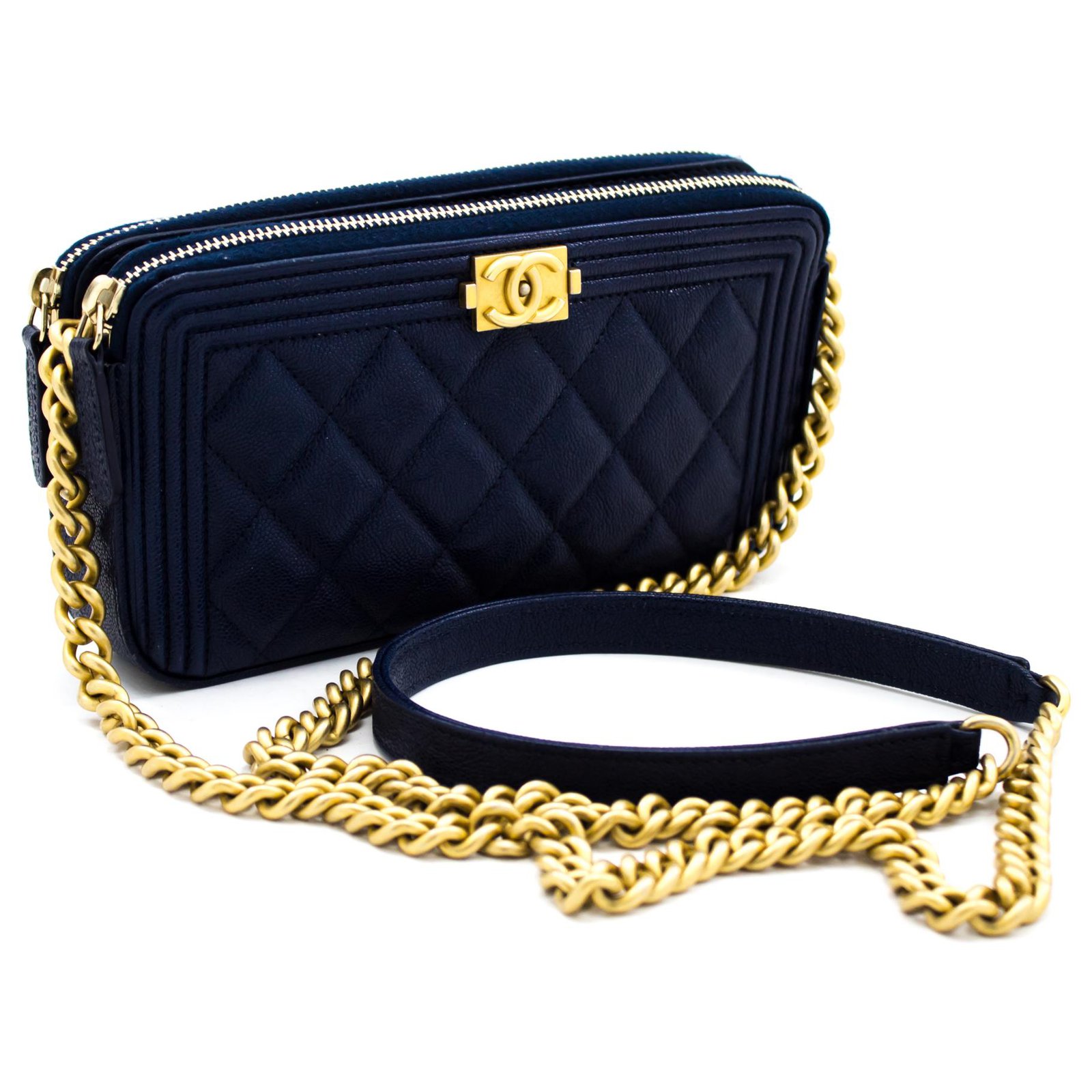 CHANEL Boy Navy Caviar Wallet On Chain WOC lined Zip Shoulder Bag Navy blue  Leather ref.204647 - Joli Closet