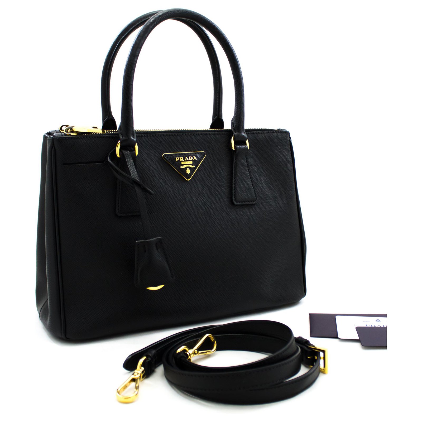 Prada Saffiano Lux 2 Way Shoulder Bag Handbag Black Leather ref