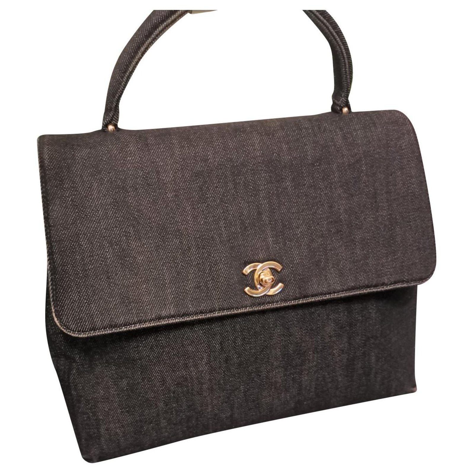 Vintage Chanel denim CC turnlock top handle tote bag Black Cotton  ref.205482 - Joli Closet