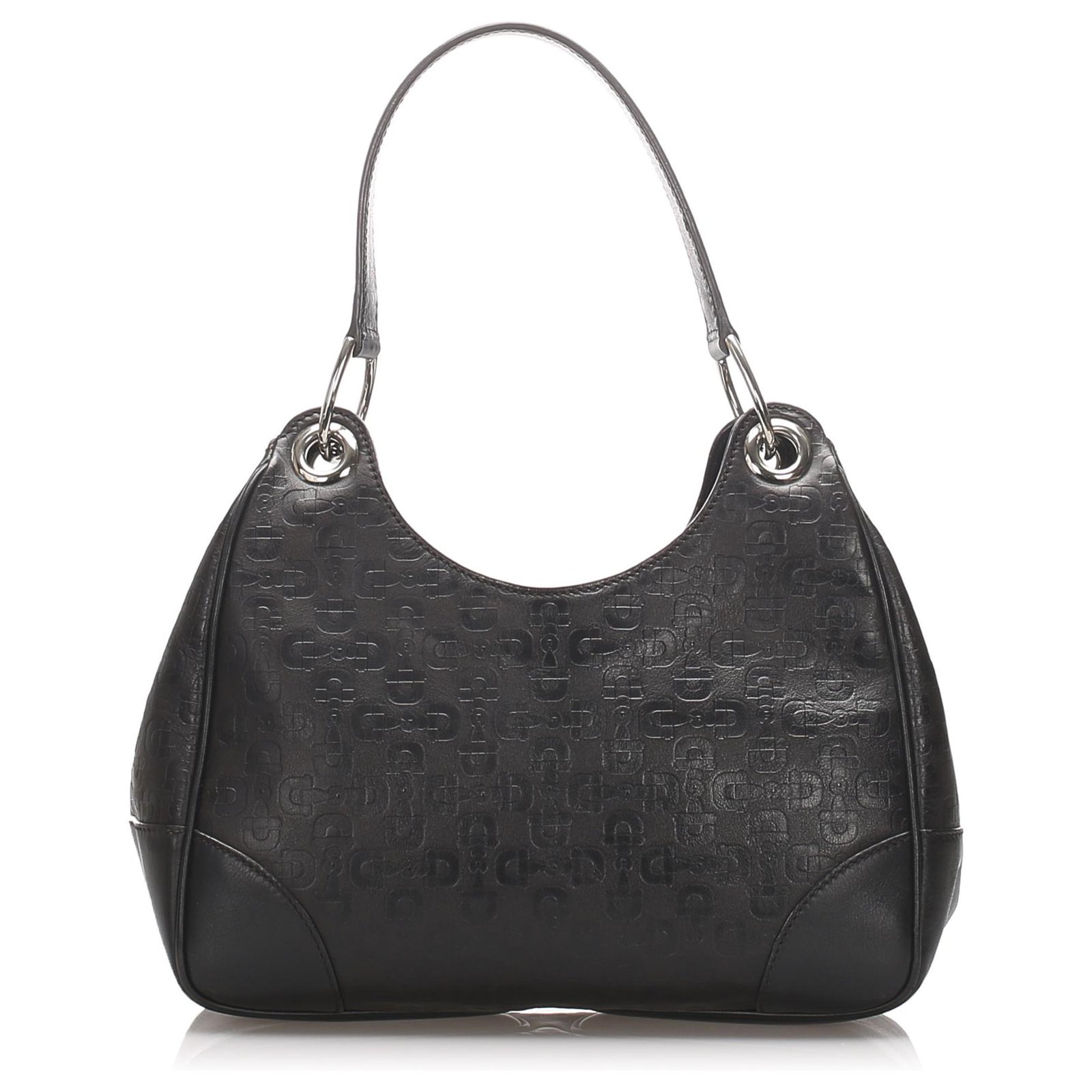 Gucci Black Horsebit Embossed Leather Shoulder Bag Pony-style calfskin   - Joli Closet