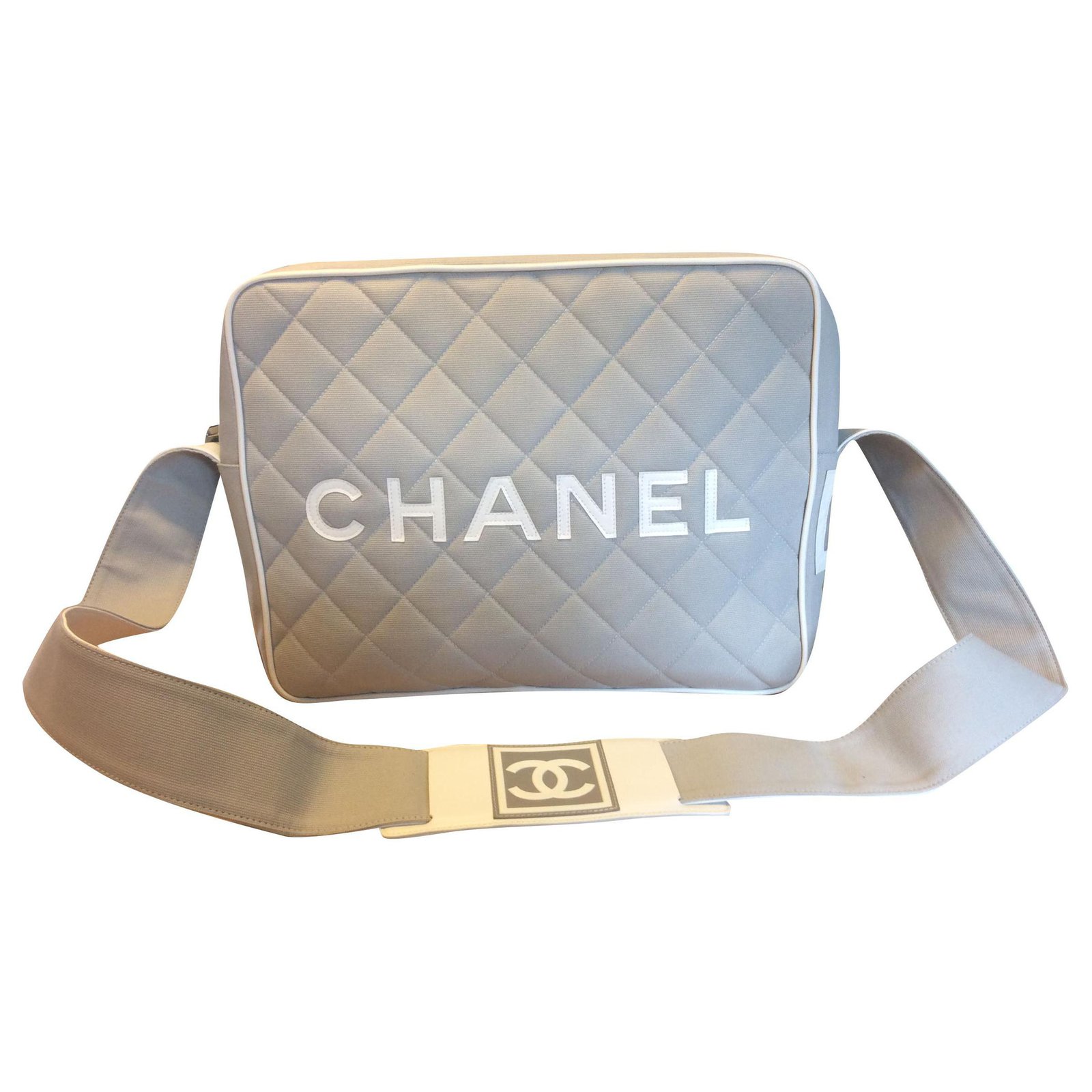 Chanel sport bag cross/shoulder White Grey Leather Cotton ref
