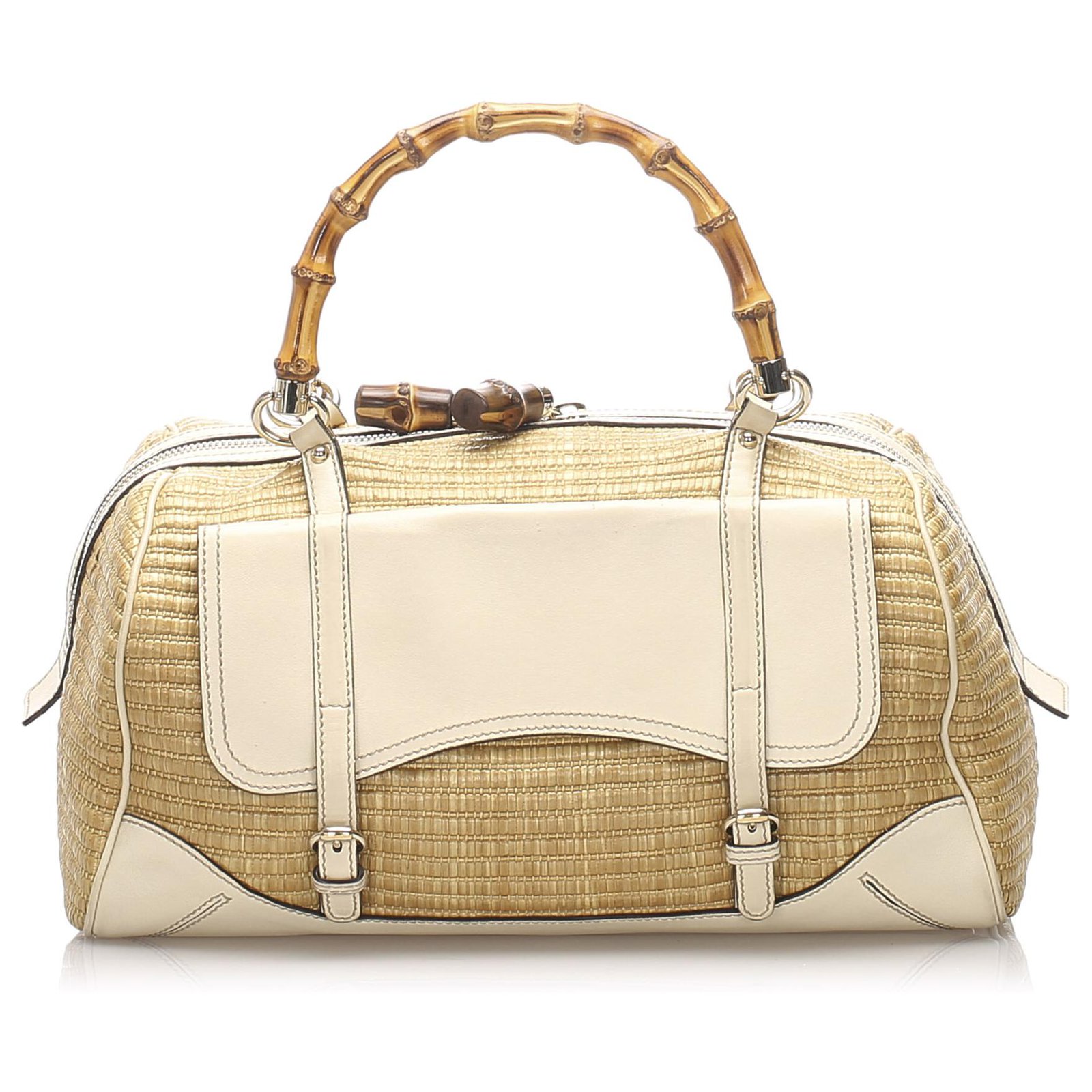 Gucci Brown Bamboo Straw Handbag White Beige Leather Pony-style