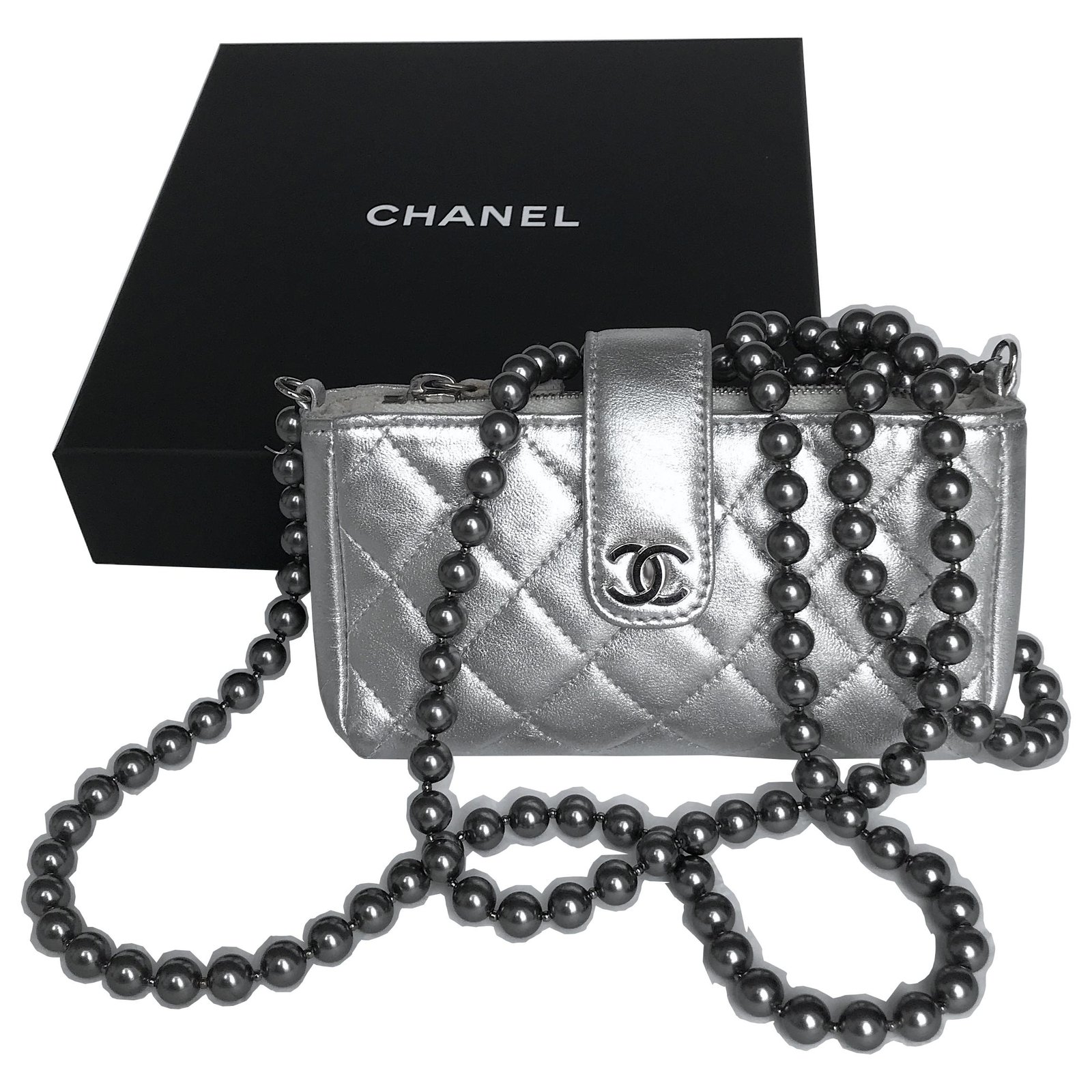 Chanel Crossbody Mini Pearl Bag Silvery Metallic Leather ref