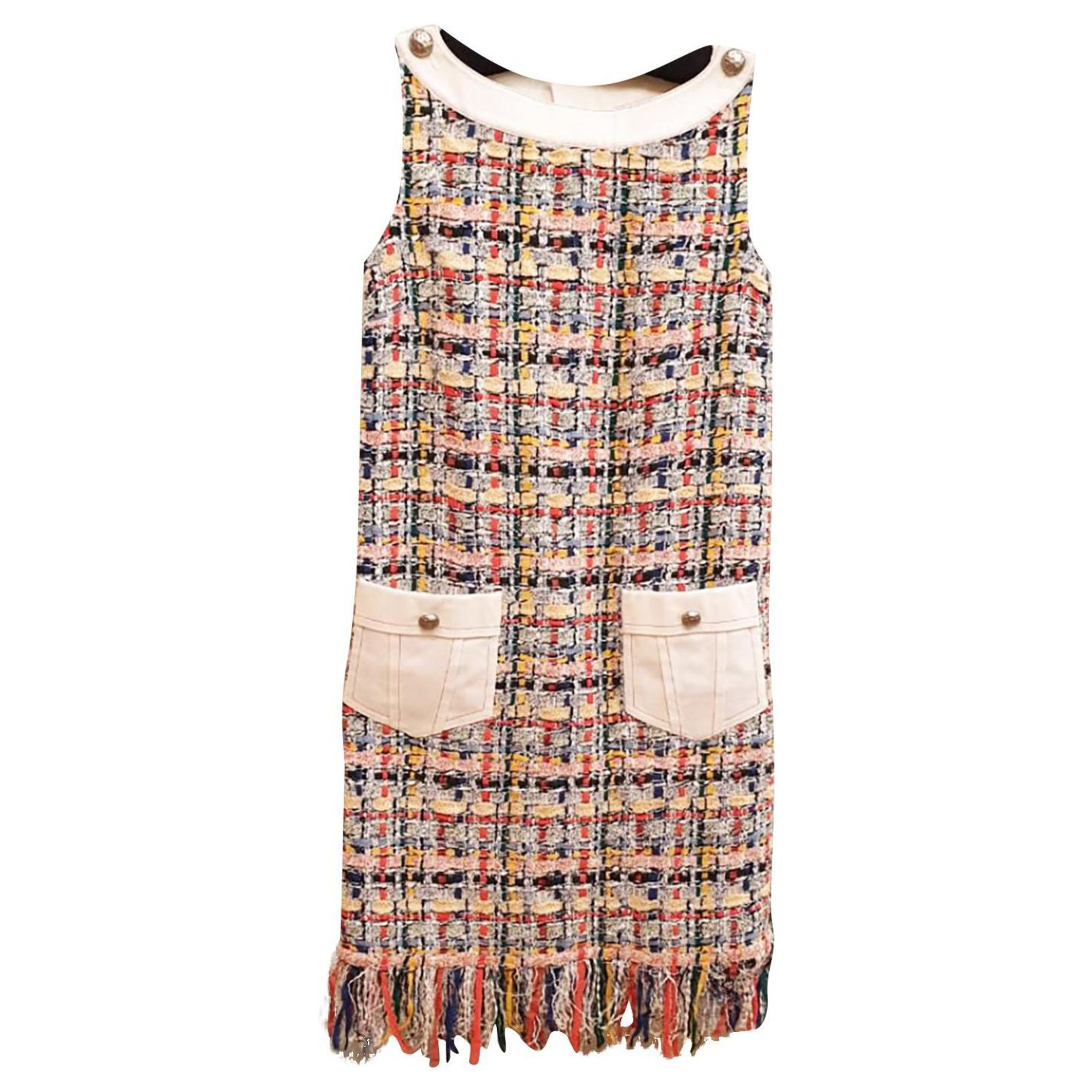 Chanel by Karl Lagerfeld white tweed sheath dress with chain straps, ss  1992 at 1stDibs