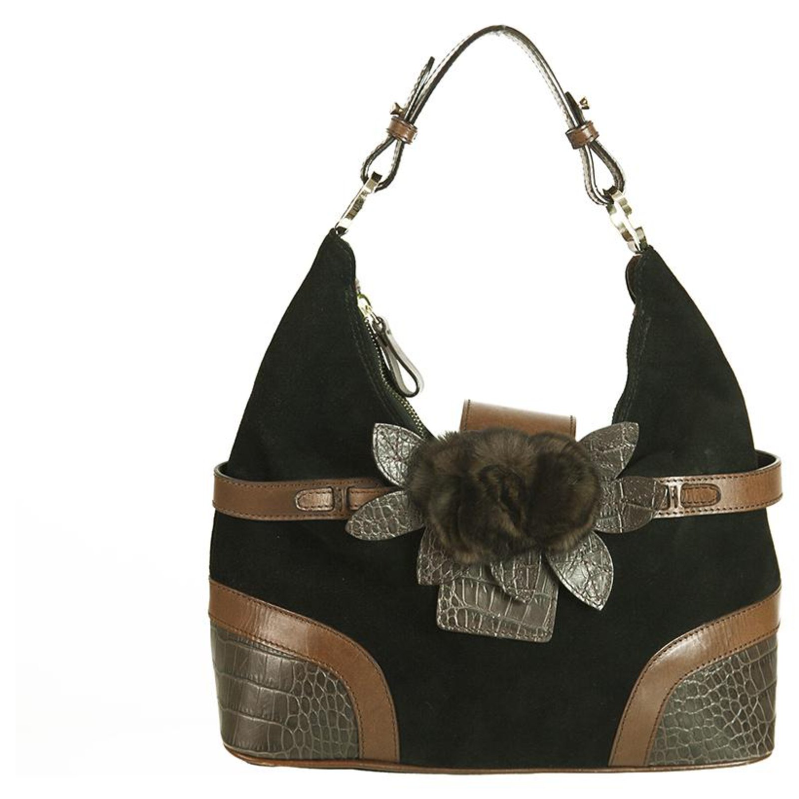 Black Velvet Brown Leather Fur Flower Hobo Shoulder Bag Handbag ref.209310 - Joli Closet