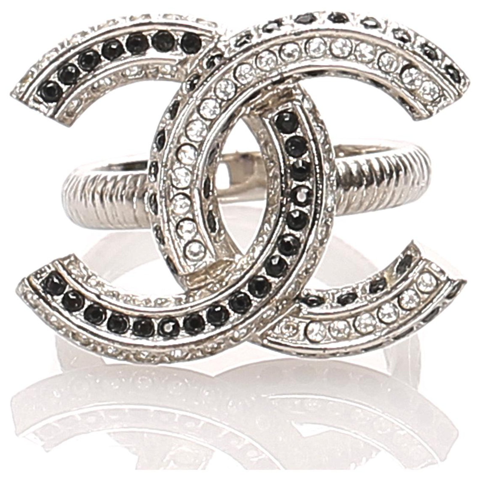 Chanel Silver CC Rhinestone Ring · INTO