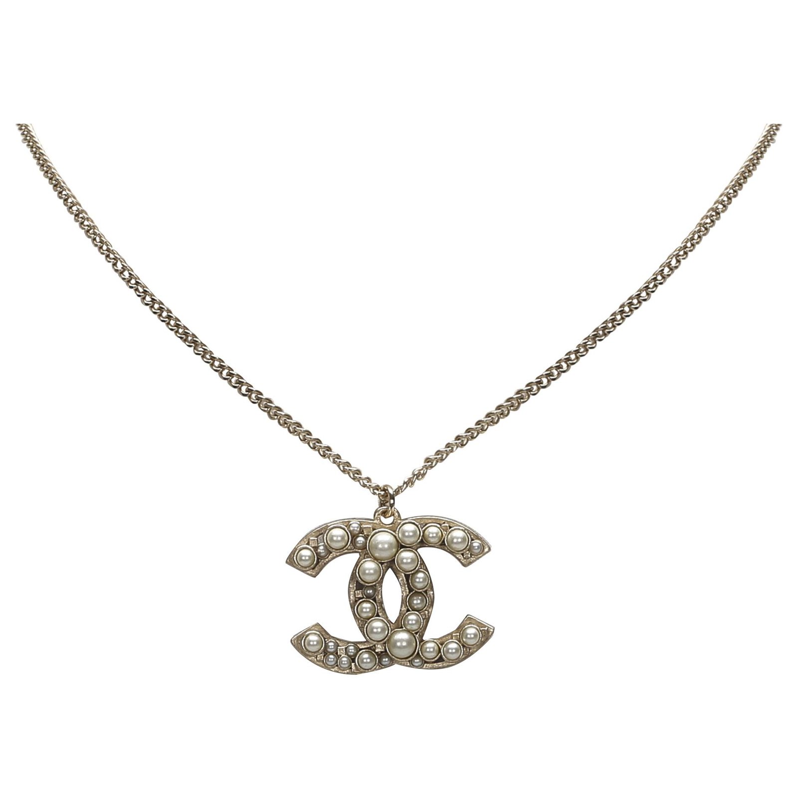 Chanel Silver CC Faux Pearl Pendant Necklace Silvery White Metal