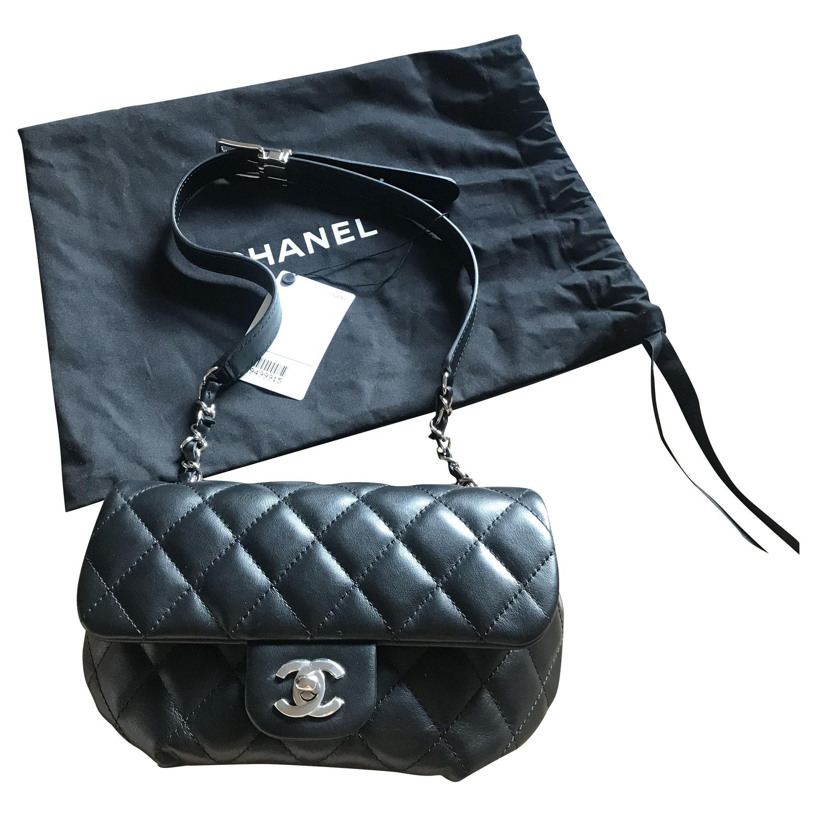 Timeless Chanel quilted belt bag Black Silver hardware Leather ref