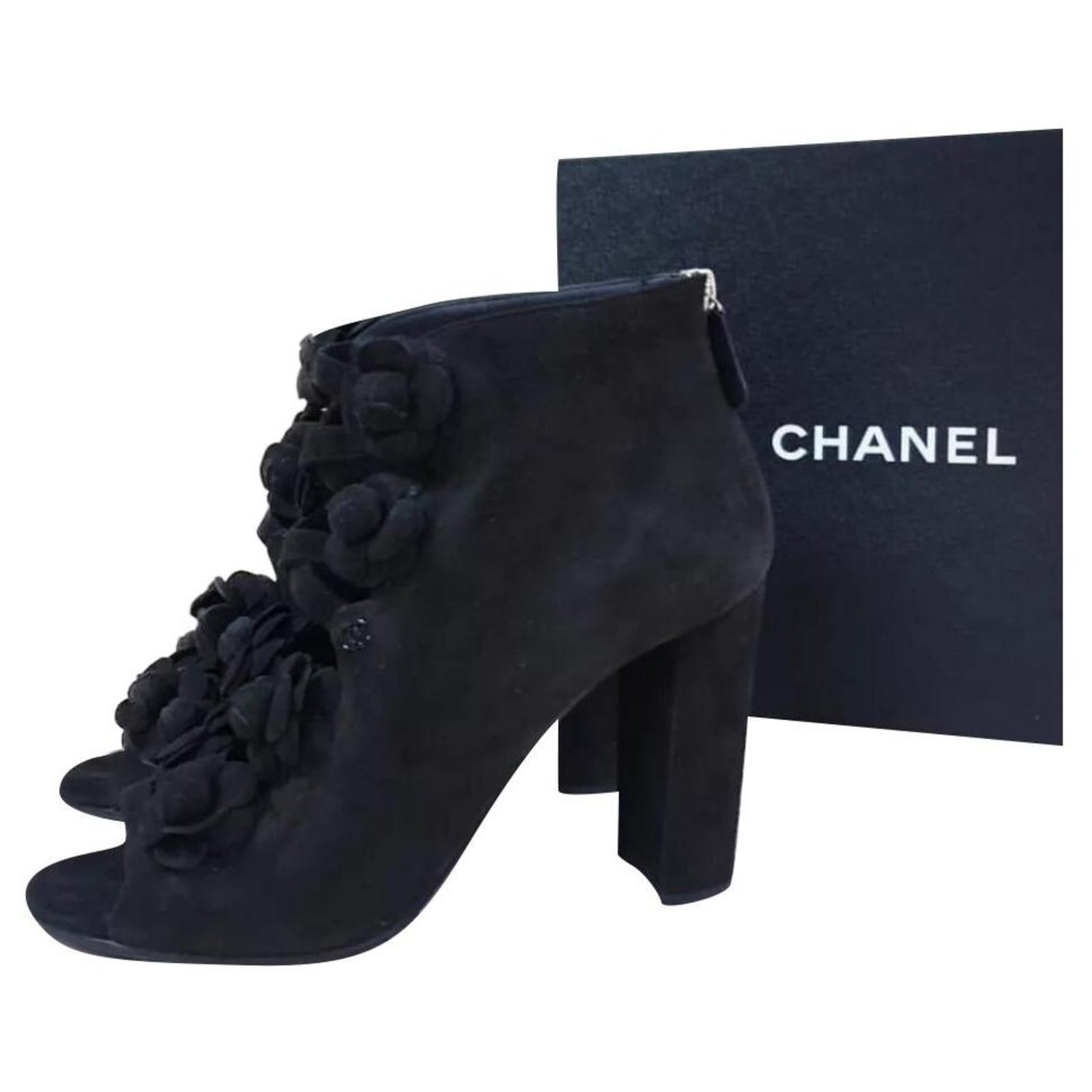 Chanel Black Suede Camellia Open Toe Booties Sz. 41 ref.210707
