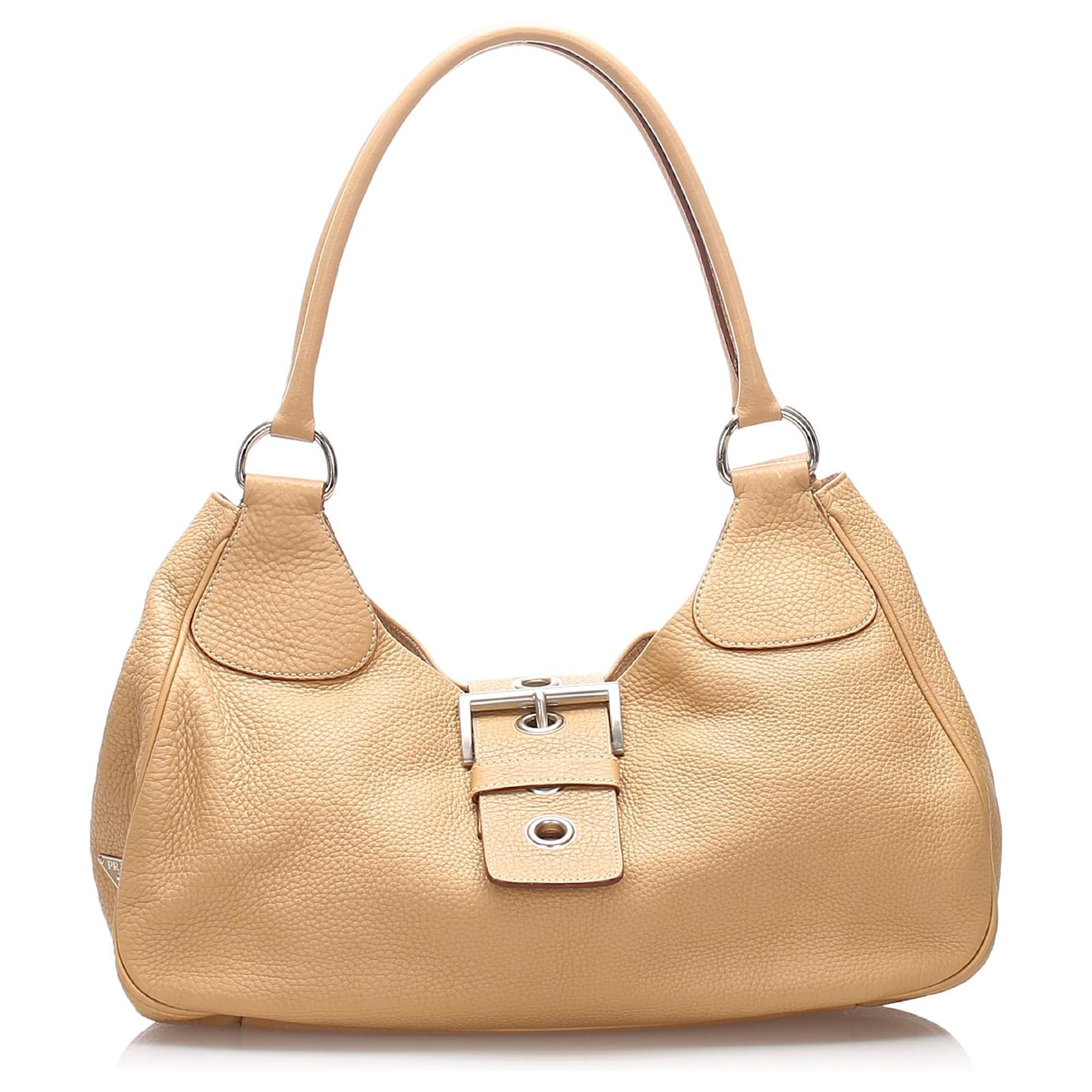 Prada Brown Vitello Daino Shoulder Bag Beige Leather Pony