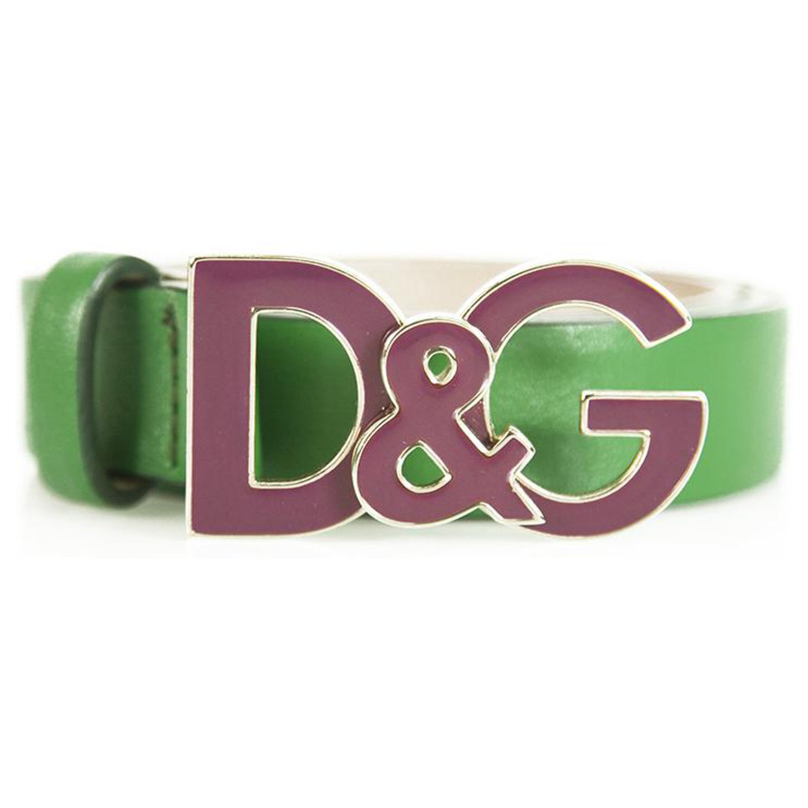 DOLCE & GABBANA green leather belt with D&G purple ename buckle sz