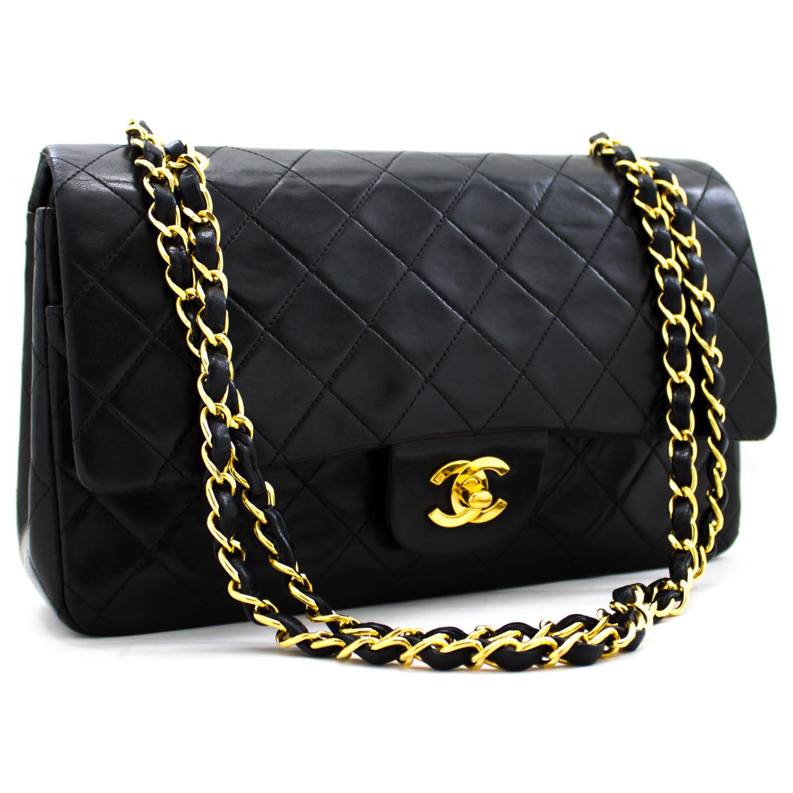 Chanel 2.55 lined flap 10 Chain Shoulder Bag Black Lambskin Leather  ref.213804 - Joli Closet