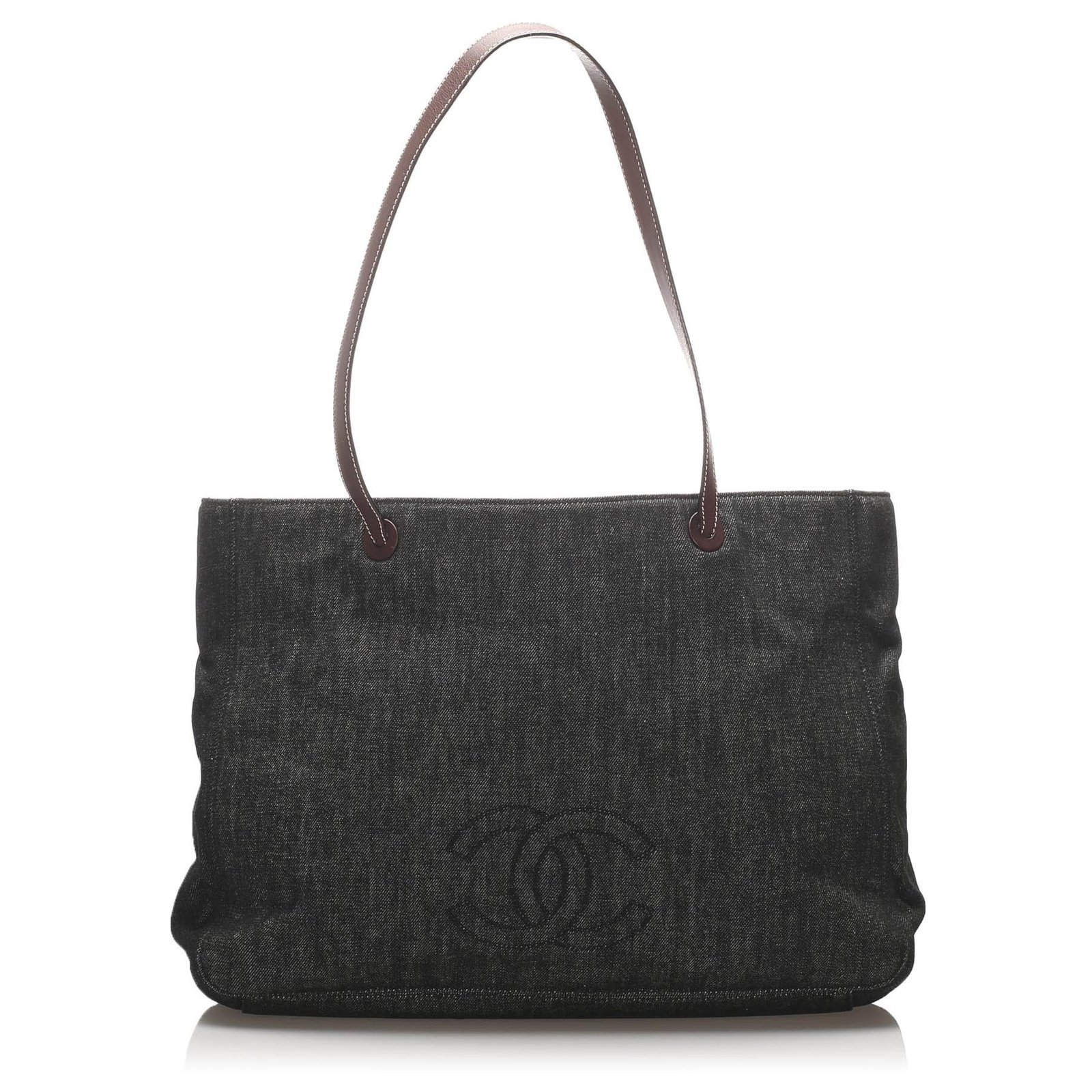 Chanel Blue CC Denim Tote Bag Brown Leather Pony-style calfskin Cloth  ref.223638 - Joli Closet