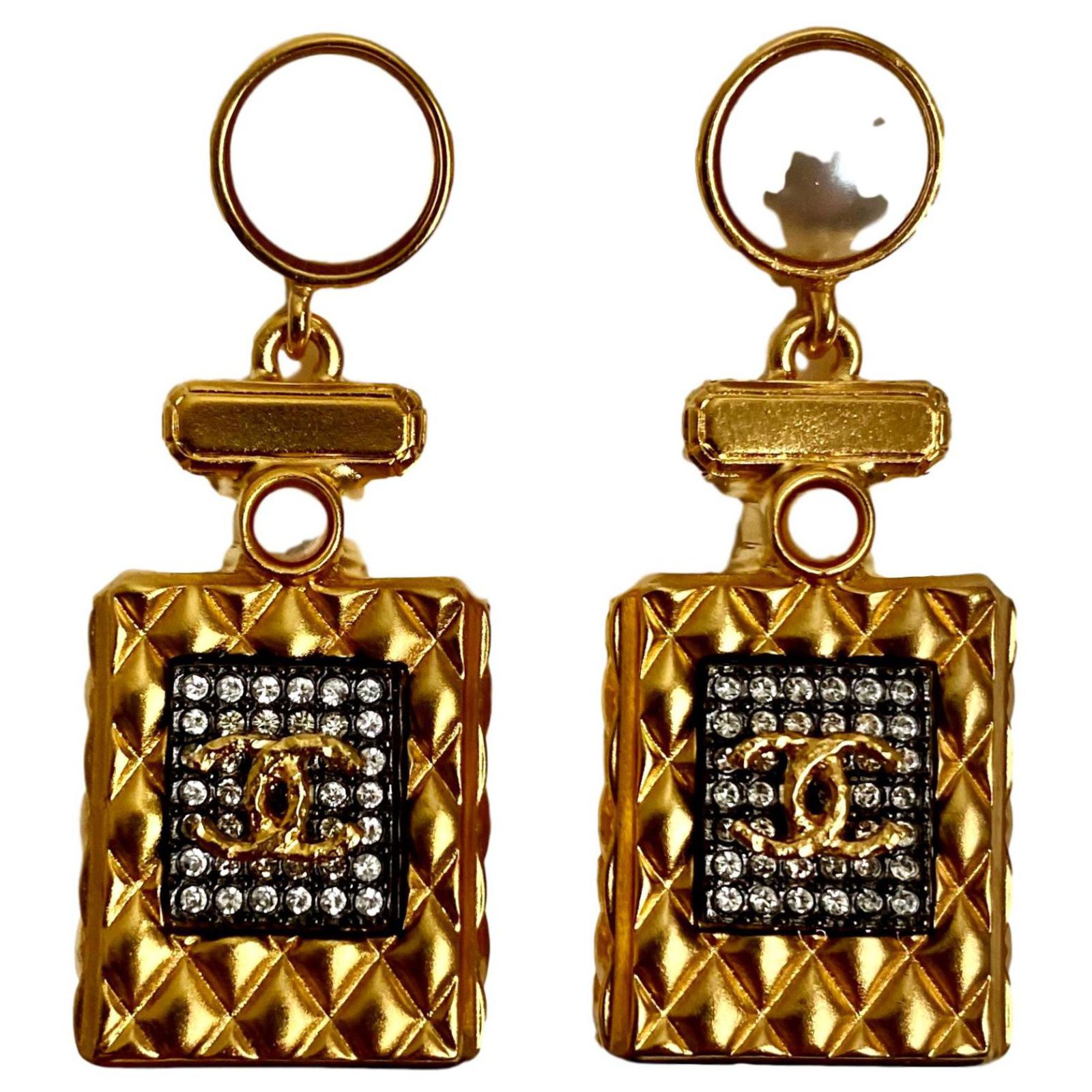 Chanel Runway No.5 Perfume Bottle Style Earrings Golden Metal ref