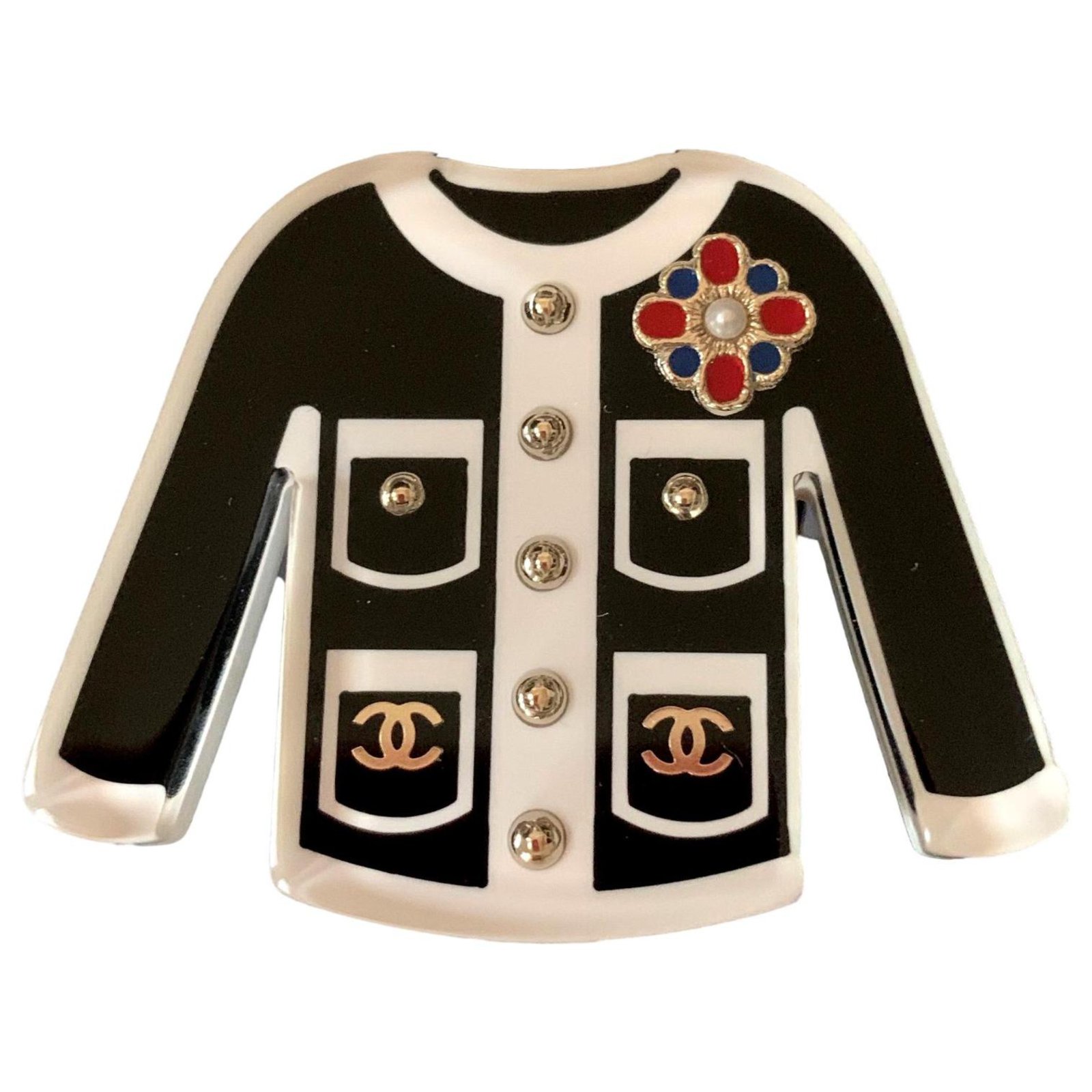 Pins & Brooches Chanel Chanel Black/White Resin Classic Jacket Brooch Pin