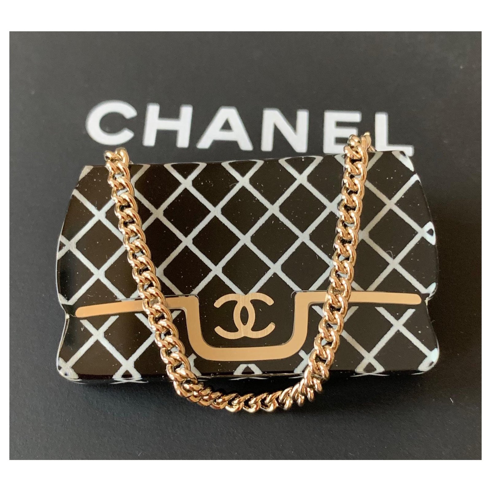 Chanel Black/white/gold Resin Classic Flap Bag Brooch Pin