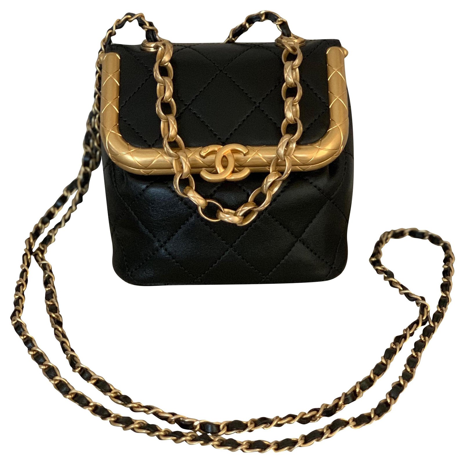 Chanel Black Small Kiss-Lock Lambskin Bag Gold-Tone Metal Leather  ref.215775 - Joli Closet
