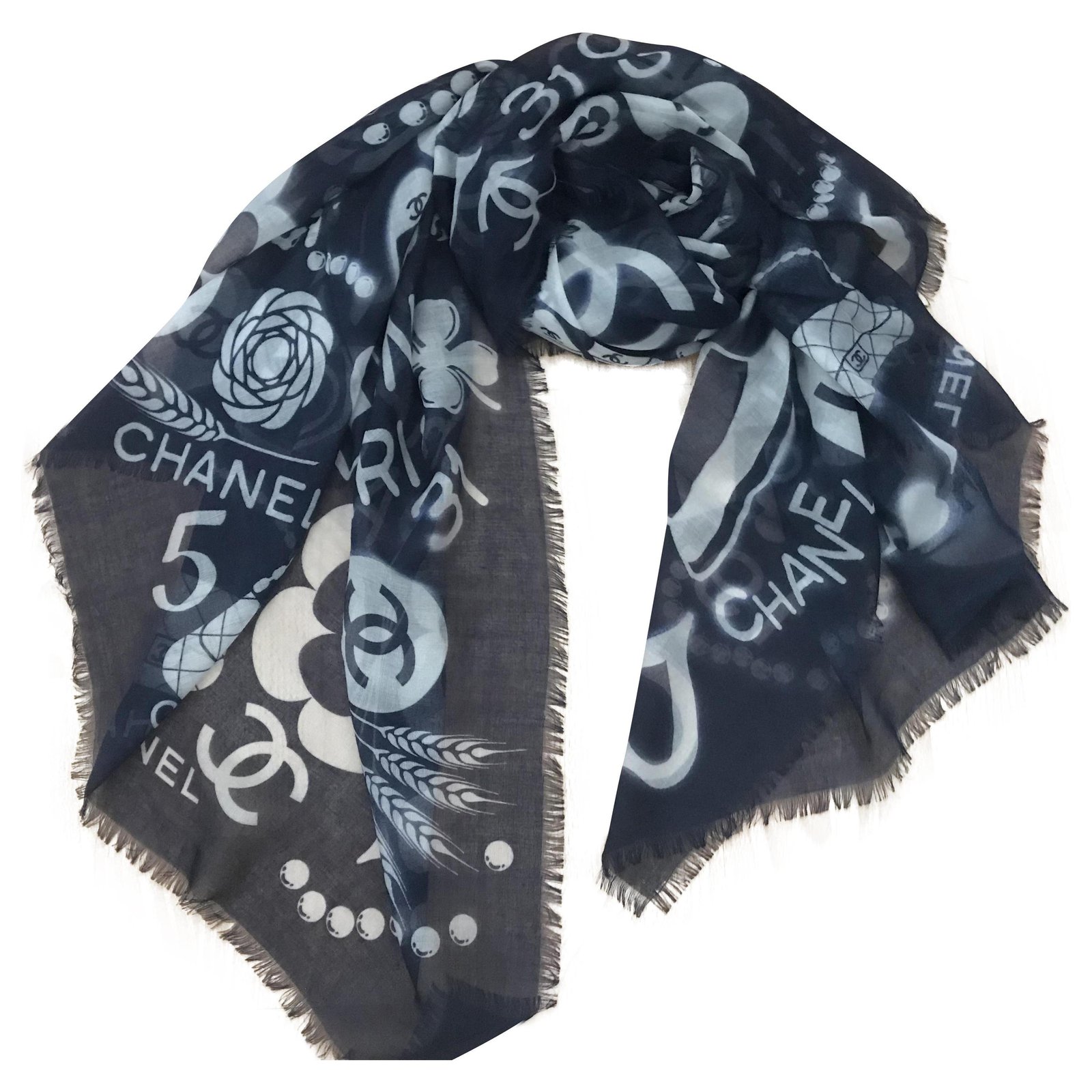CHANEL Cashmere Silk Tweed CC Scarf Blue 432921