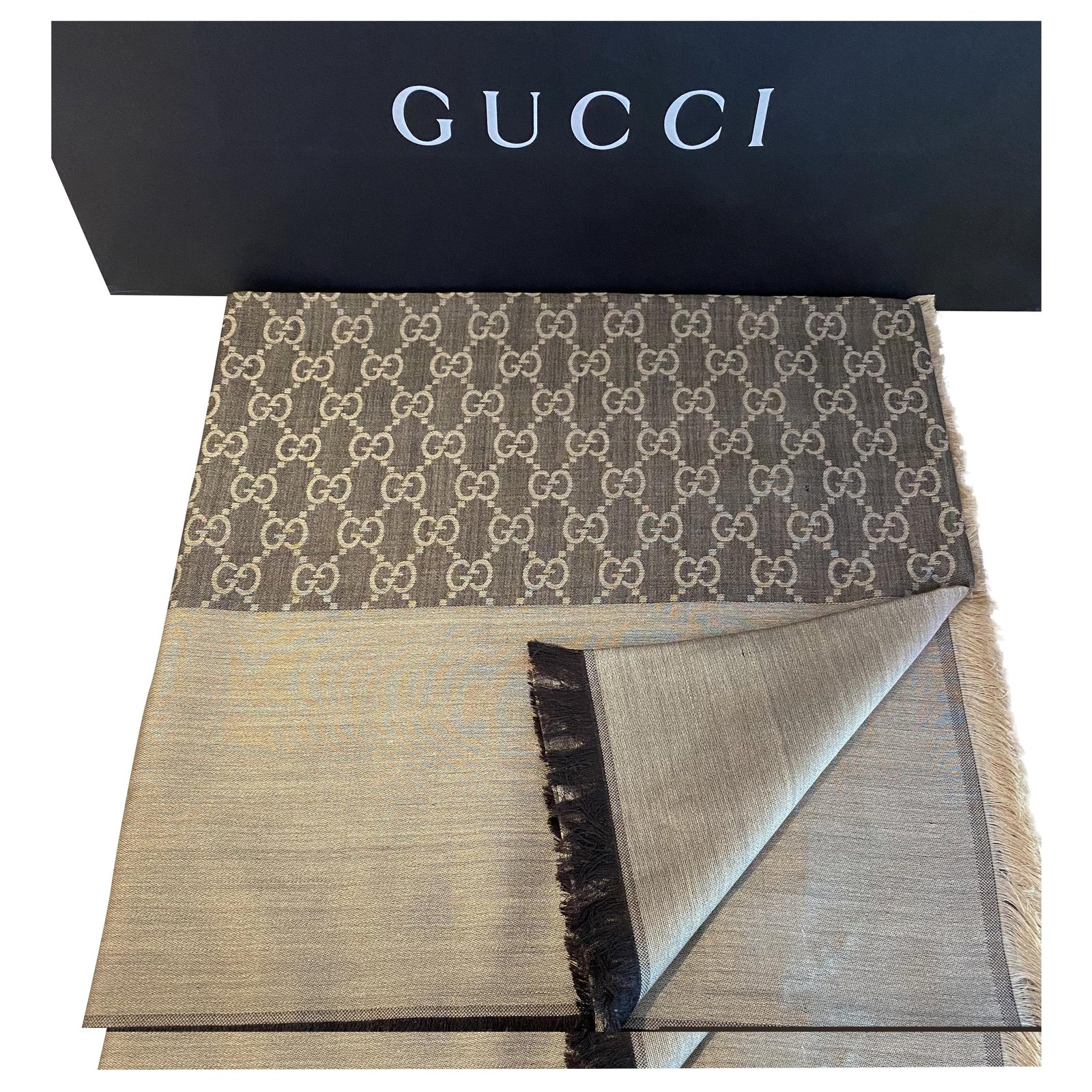 Gucci // Beige Wool & Silk GG Monogram Half Web Scarf – VSP
