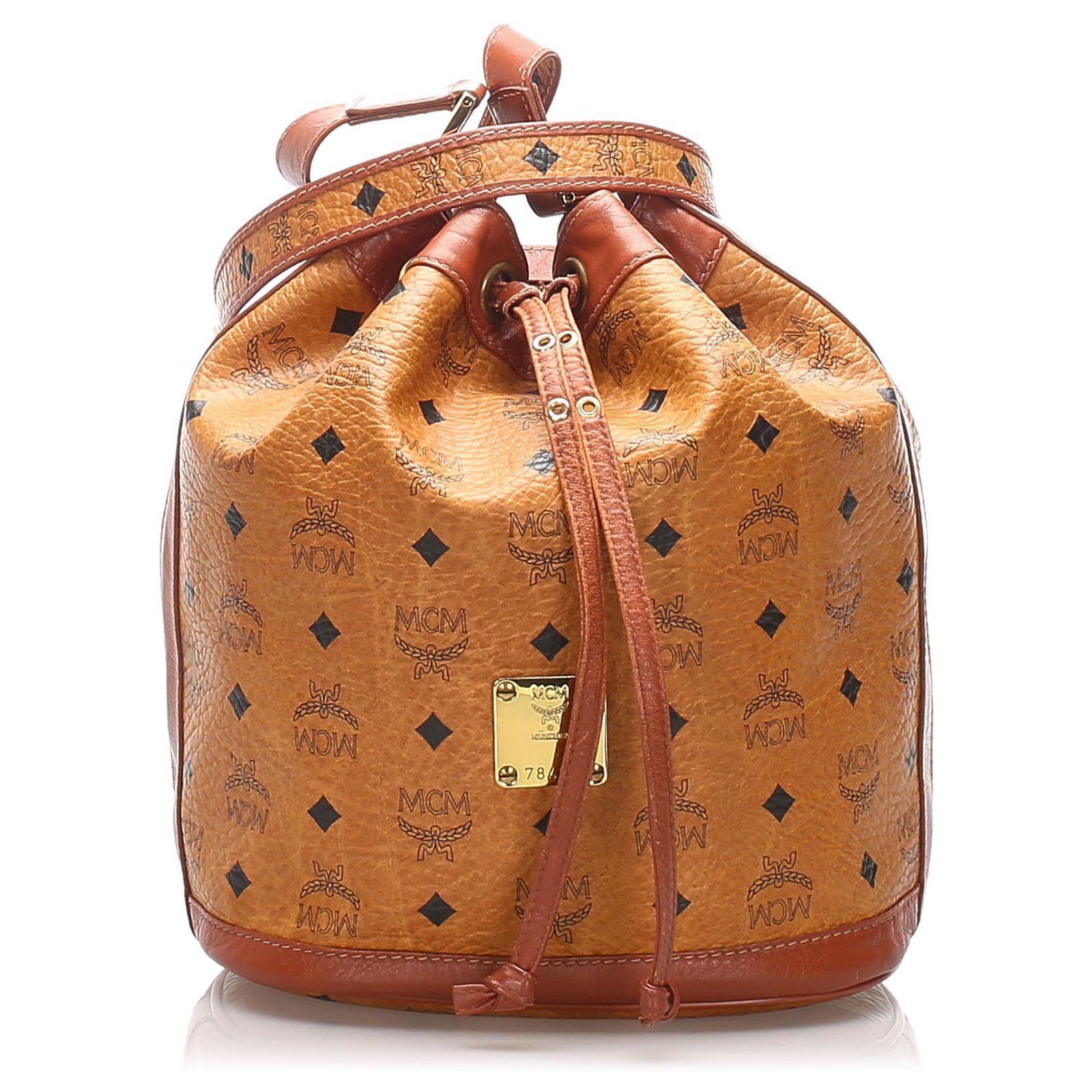 Vintage-Style MCM Leather Bucket Drawstring Shoulder Bag for Ladies