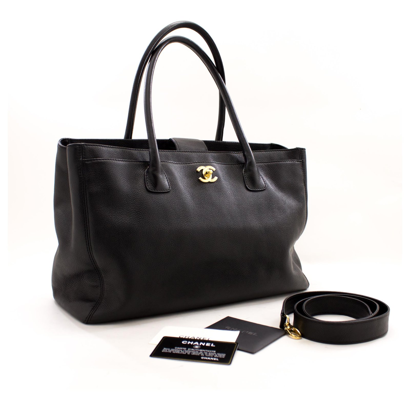 CHANEL Executive Tote Caviar Shoulder Bag Handbag Black Gold Strap