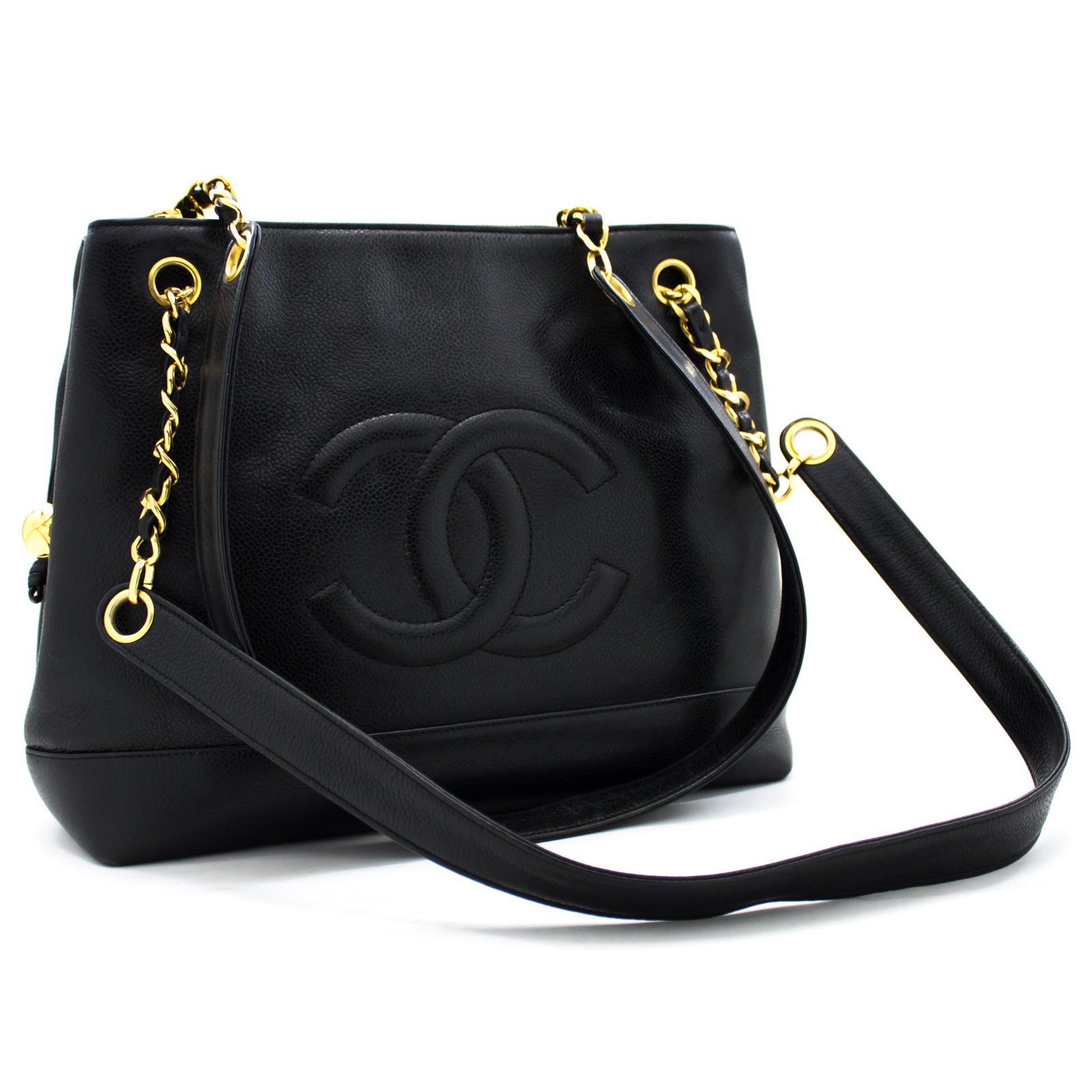 Chanel Chanel Black Caviar leather Tote shoulder bag Gold Chain CC