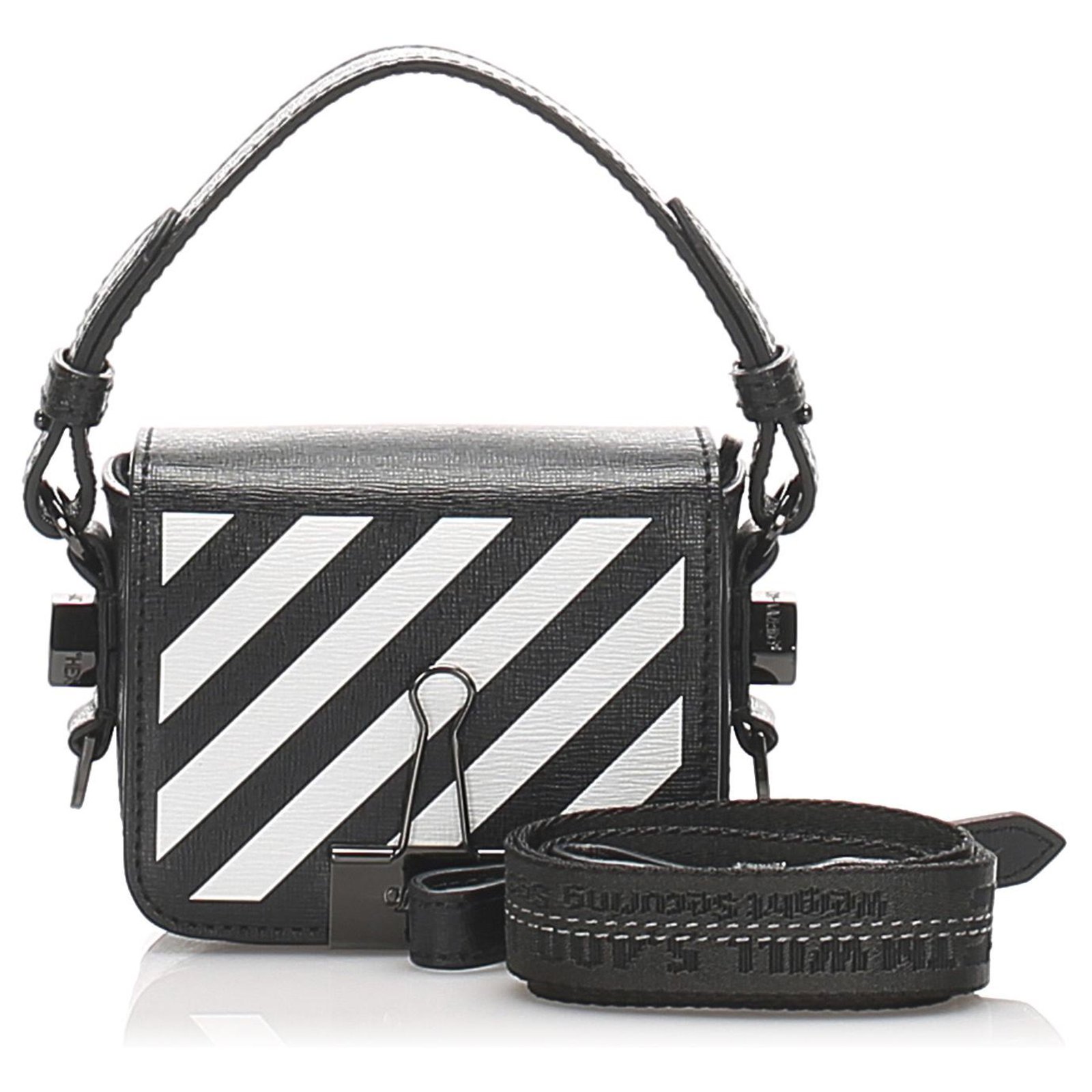 Off-White Black/White Diagonal Striped Leather Baby Flap Crossbody Bag Off- White