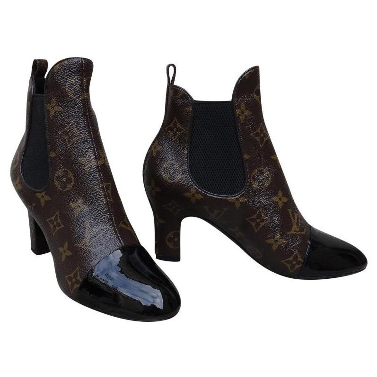 Louis Vuitton Revival ankle boots 7.5 cm Brown Black Patent leather Cloth  ref.219640 - Joli Closet
