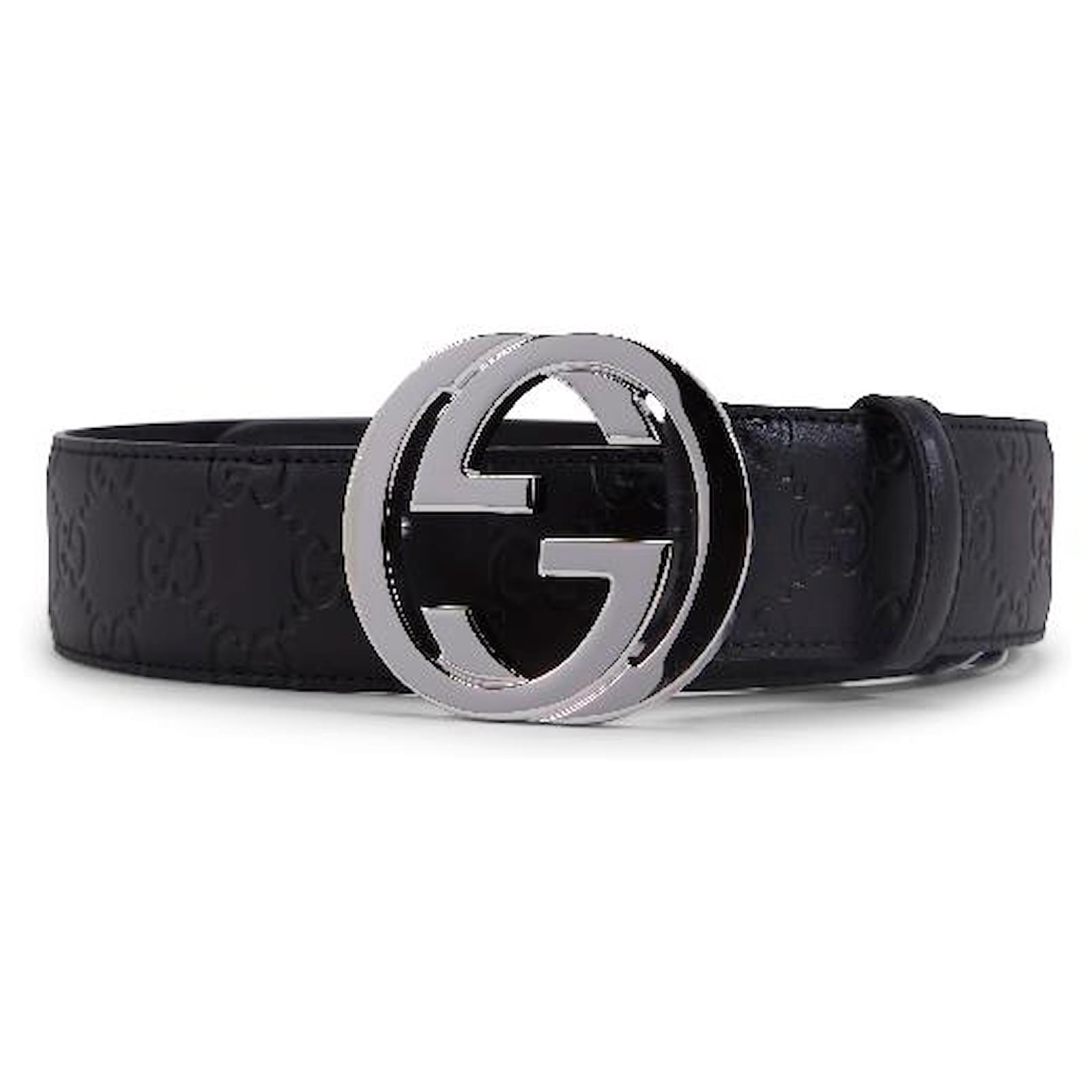 Gucci Silver Buckle Black Embossed Leather Belts