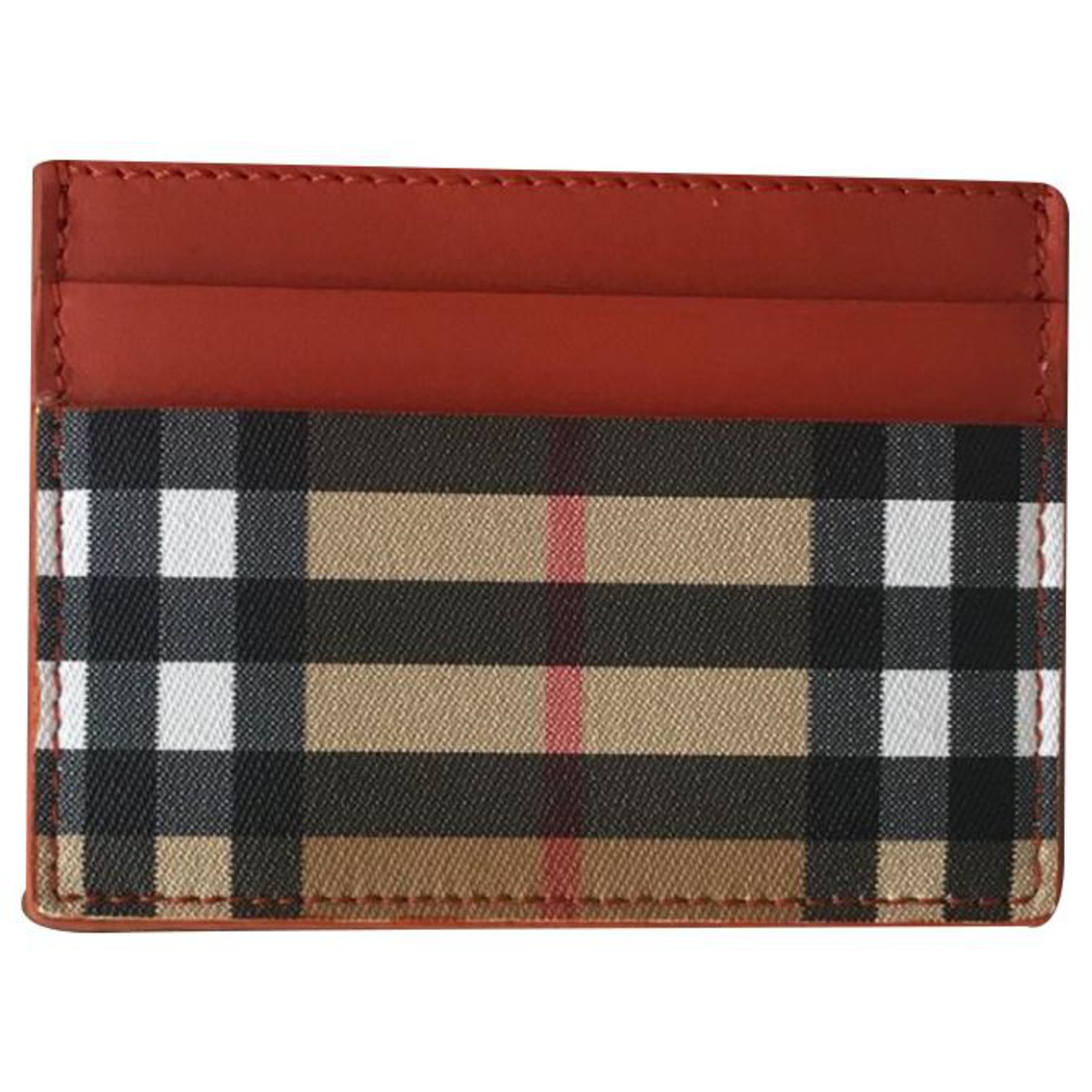 Burberry Red/Beige Leather Check Card Holder Multiple colors ref